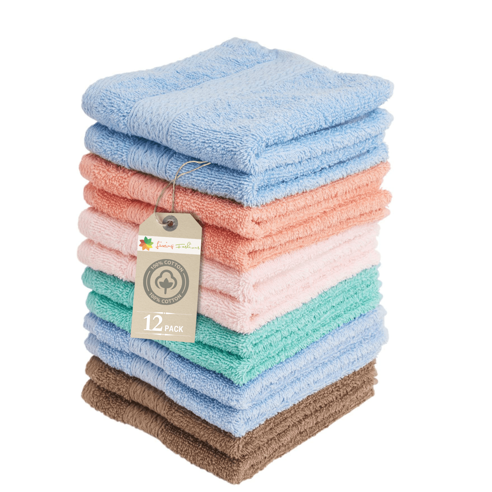 Living Fashions Luxurious Cotton Washcloths, Absorbent Soft Face Cloths for Daily Skincare (Pink, 12 Pack, 13 in x 13 in) 65t4j