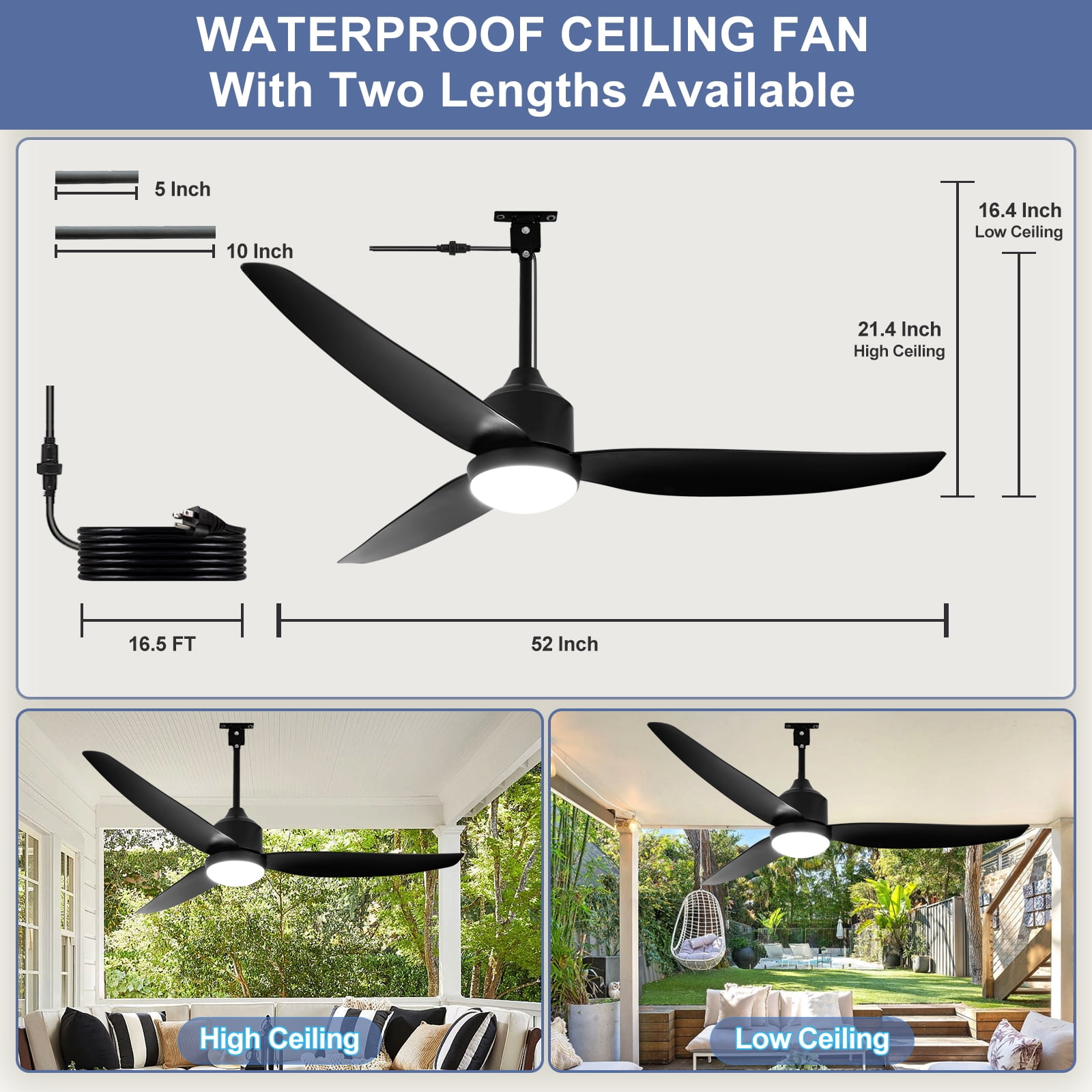 Depuley Outdoor Ceiling Fan with Light, Waterproof Hanging Fan for Patio and Gazebo (Black, 52 in) fq8yd