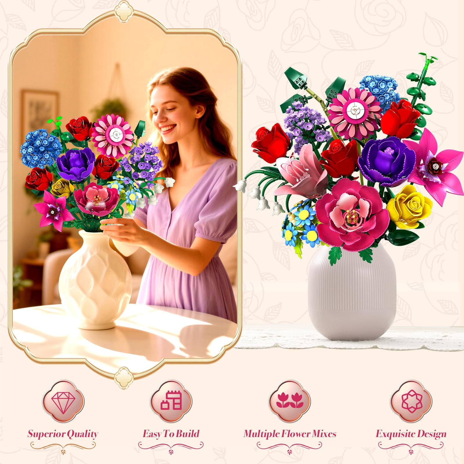 Wideland Flower Bouquet Building Set (Botanical Collection, 1020 Pieces) 6cznn