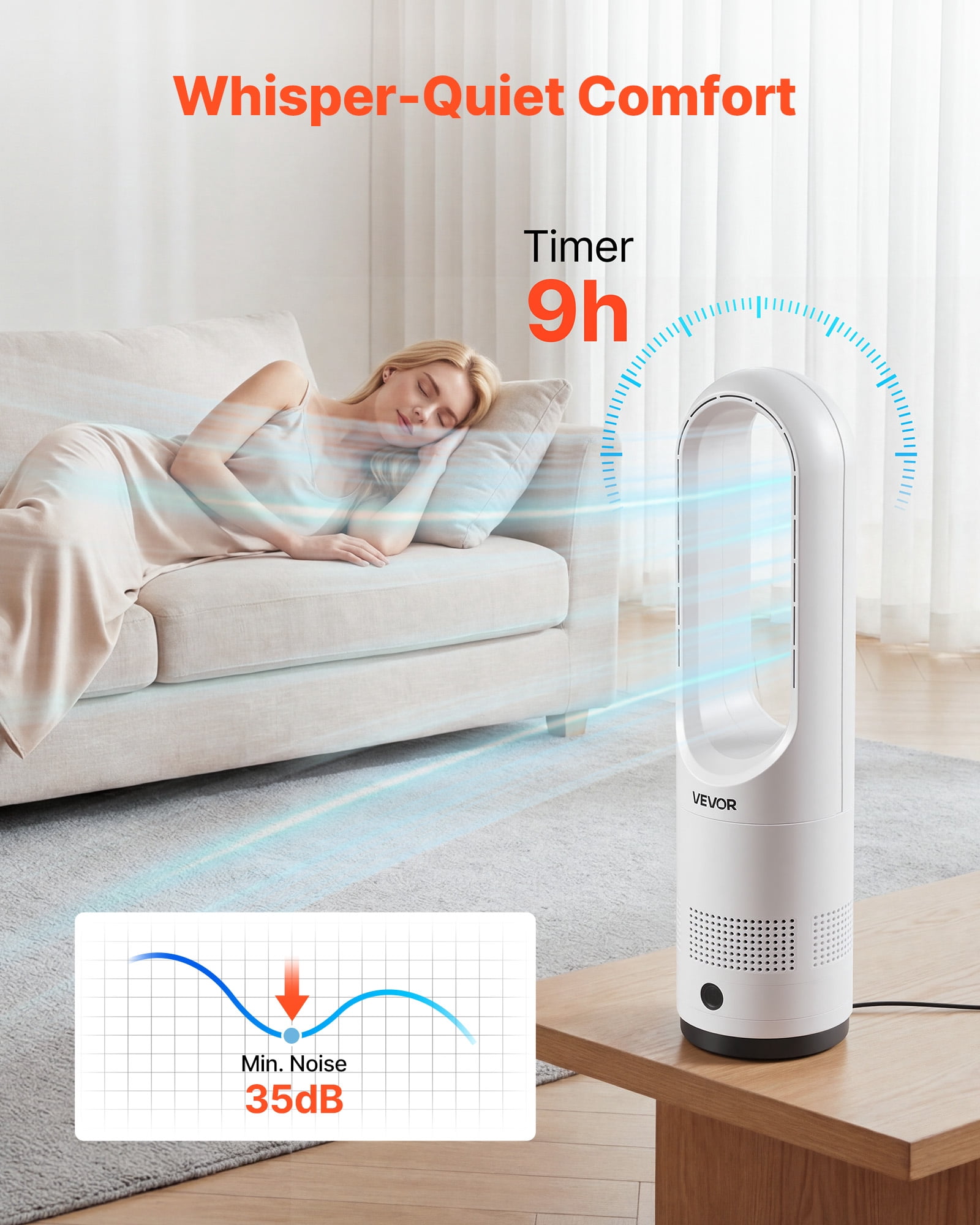 VEVOR Bladeless Tower Fan, Oscillating Standing Floor Fan with Remote, 8 Speeds, Quiet Air Circulator for Bedroom and Living Room (White) xv1w5