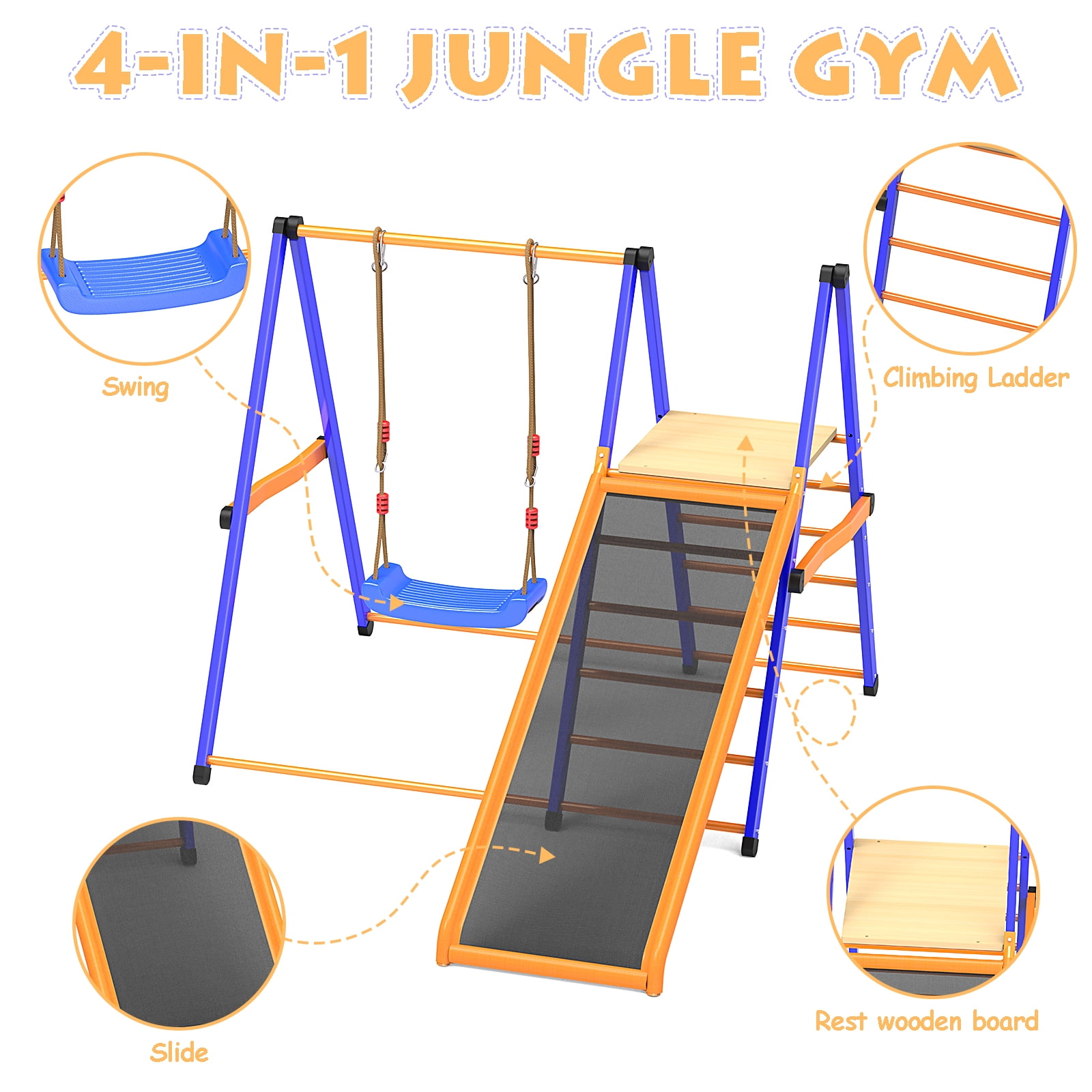 XIEWEI 4-in-1 Indoor Jungle Gym Playset with Swing and Slide, Durable Metal Climber for Kids (Blue, 400 lb Capacity) 39wmj