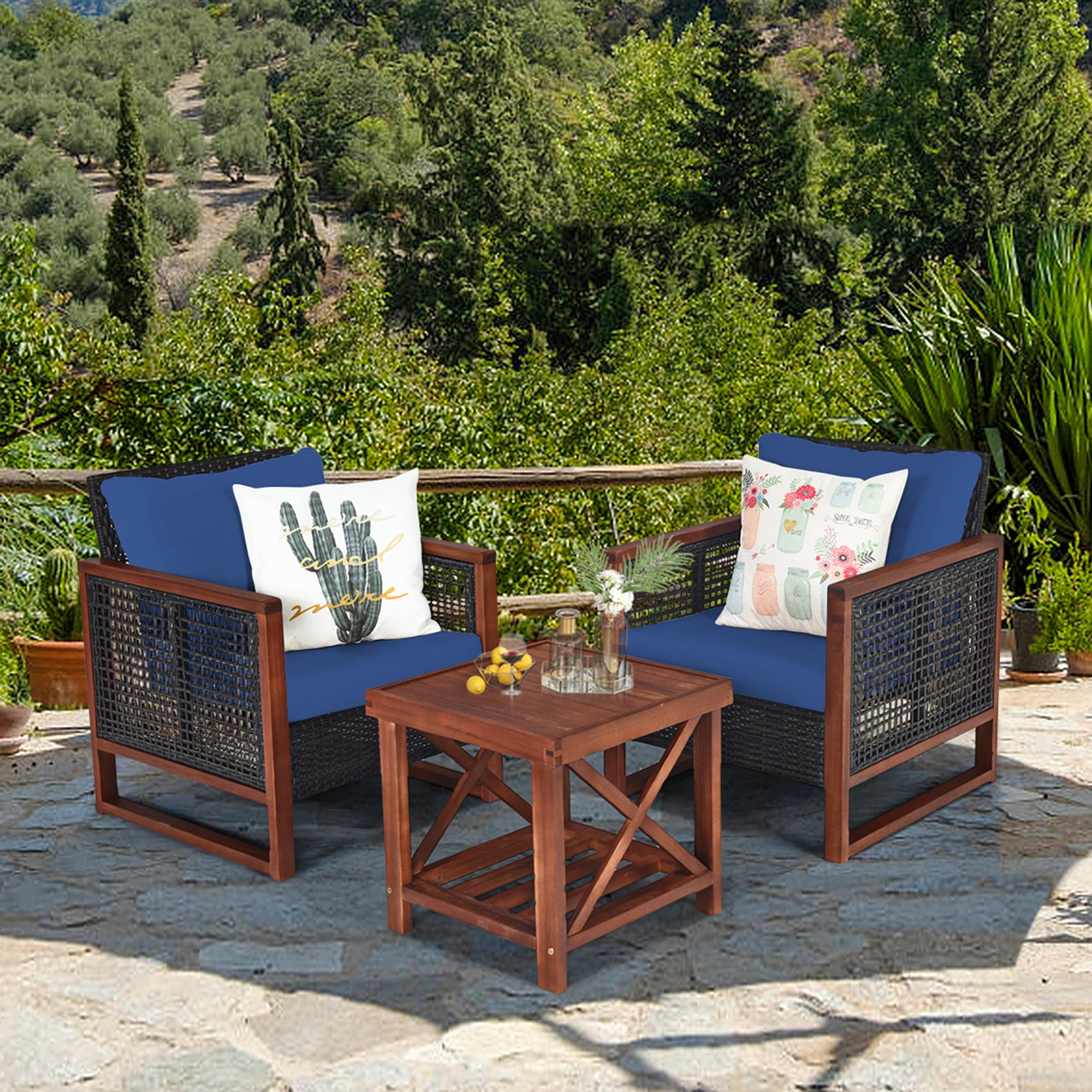 Gymax 3-Piece Rattan Wicker Patio Conversation Set with Navy Cushions (Acacia Wood Frame) 2o7cx