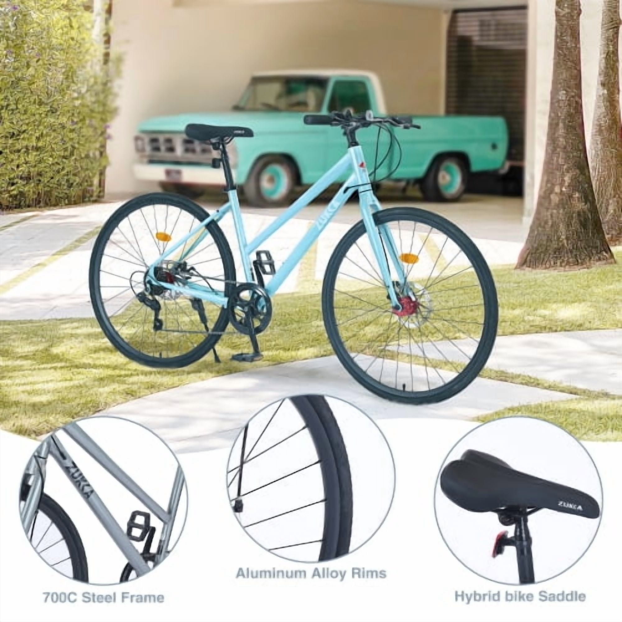 ACE-BIKE 7-Speed Hybrid Road Bike, Dual Disc Brake City Bicycle with Steel Frame and Aluminum Alloy Rim (Light Blue, 700C) 9aim3