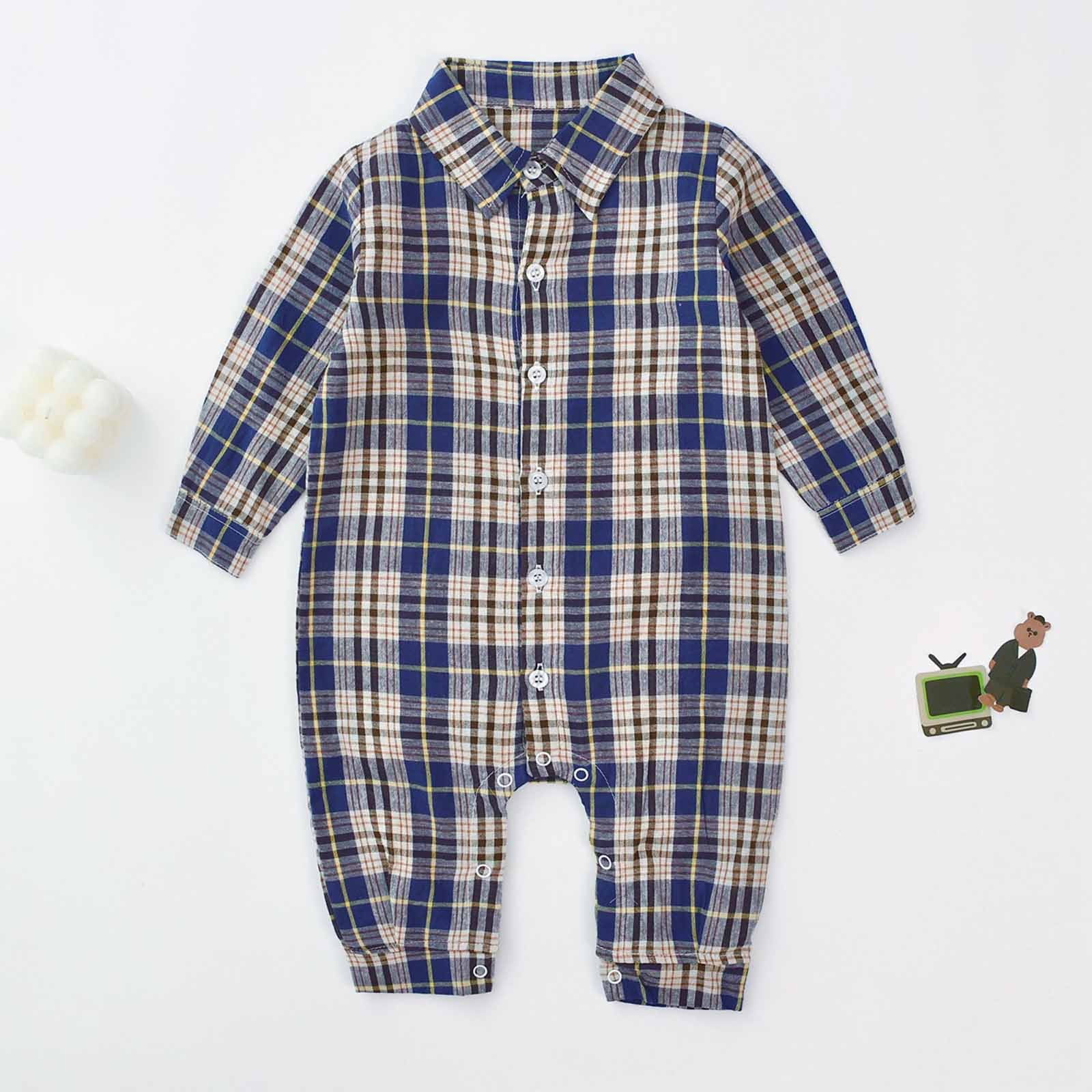 Darzheoy Infant Baby Long Sleeve Romper Plaid Lapel Jumpsuit (Blue, 0-6 Months) 3mncl