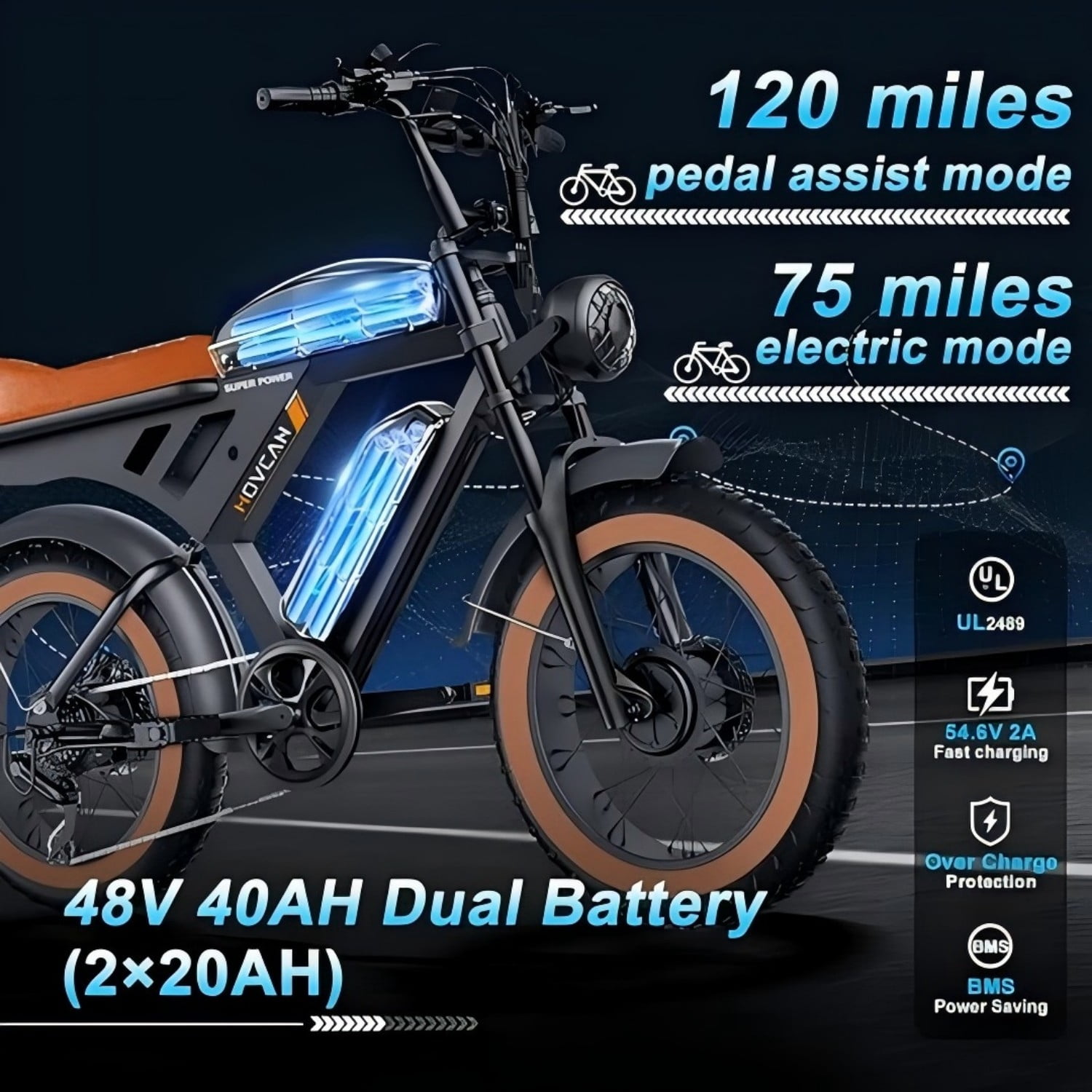 Movcan V30 Pro Max Electric Bike for Adults, 3000W Dual Motor Off-Road E-Bike, 120 Mile Range, 20 in x 4 in Fat Tires (Black) 1apag