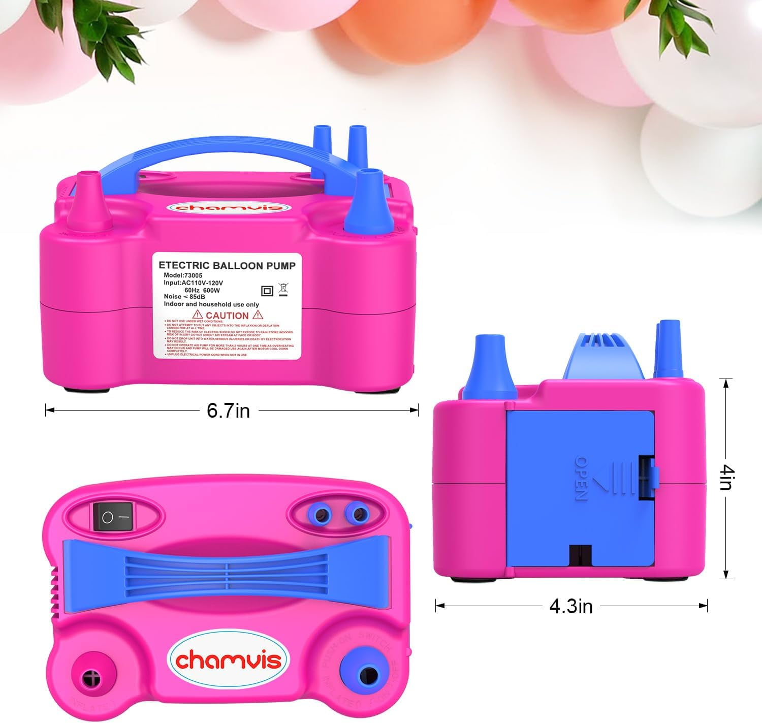 Chamvis Electric Balloon Pump, Portable Air Blower Machine for Party Decorations (Dual Nozzle, 6.7 x 4.3 x 4 in) gcqg3