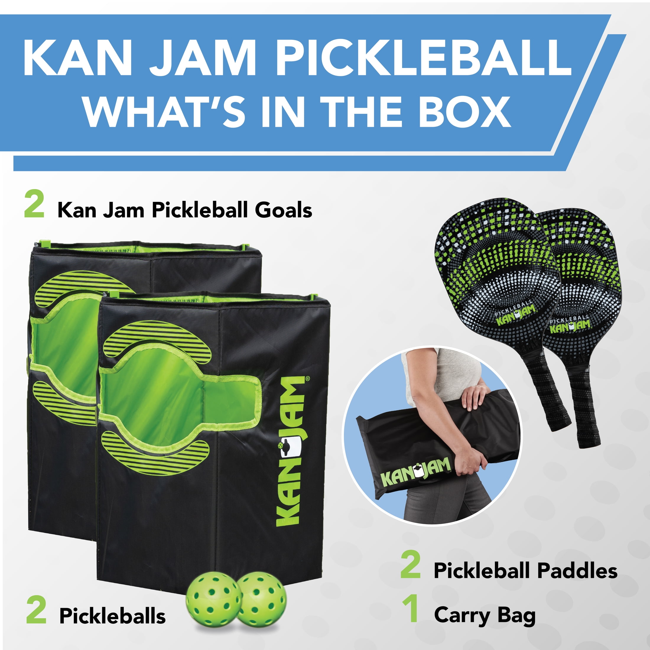 Kan Jam Pack ‘n Go Pickleball Portable Outdoor Game Set (Black, 2 Paddles and 2 Balls) qci2s