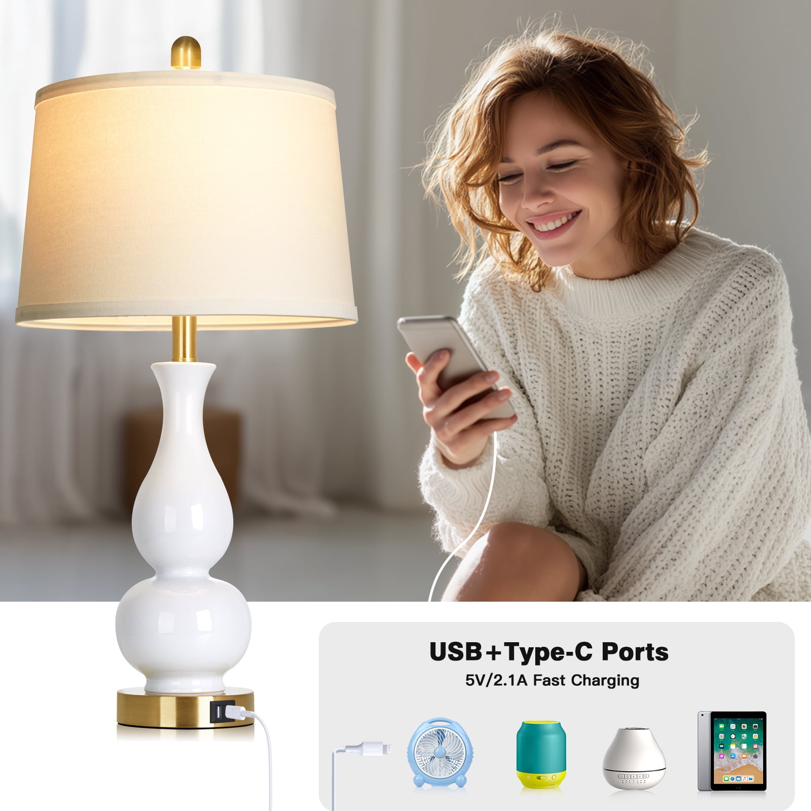 Lolikit Modern Ceramic Table Lamp Set (2-Pack, 27 in, White, USB Charging Ports) j5xuv