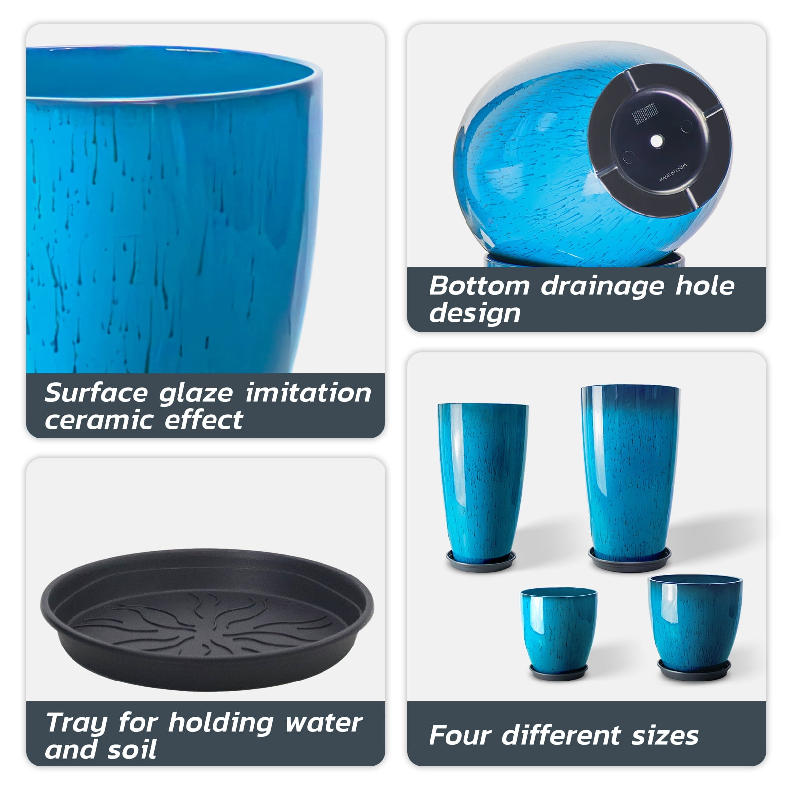 Fiason 4-Piece Tall Planter Set, Weatherproof Plastic Flower Pots with Drainage Holes and Mesh Filter (Blue, 24 in, 21 in, 12 in, 10 in) 1fcjk