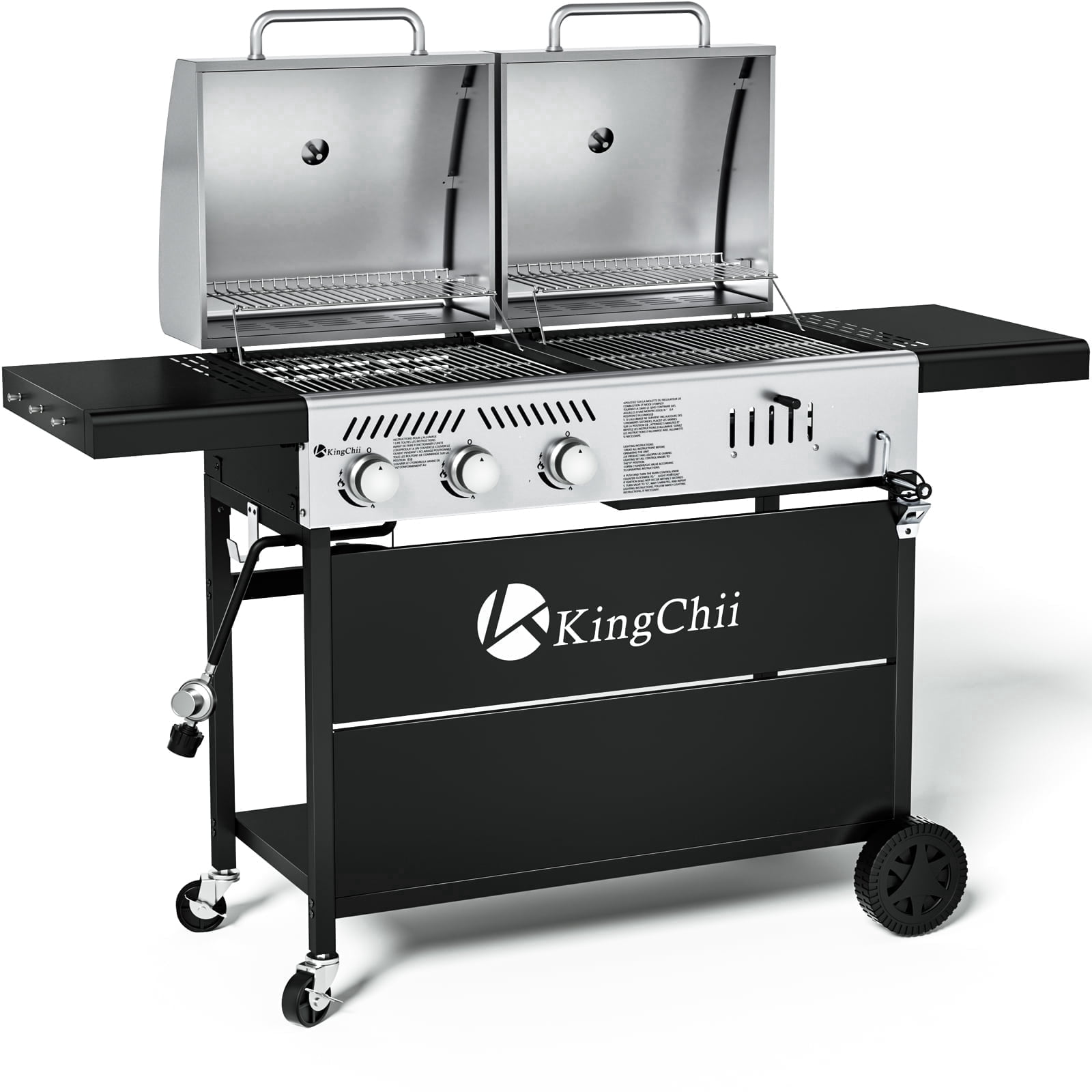 KingChii Gas and Charcoal Grill Combo, Dual Fuel 3-Burner BBQ Smoker with Side Burner (Black and Silver, 61 in L x 38.6 in H x 22.4 in W) 9qf5s