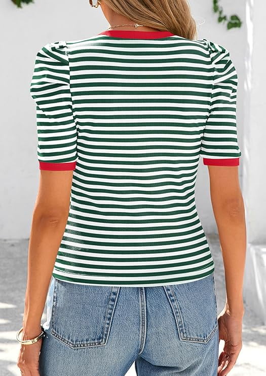 PRETTYGARDEN Women's Summer Puff Sleeve Crop Top Ribbed Knit Color Block Striped Shirt (Green, M) qljkp