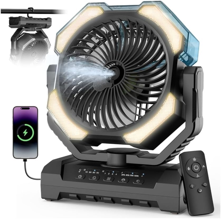 Generic Camping Misting Fan Portable Rechargeable Cooling Fan with LED Light and Remote (Black, 9 oz) vhk1z