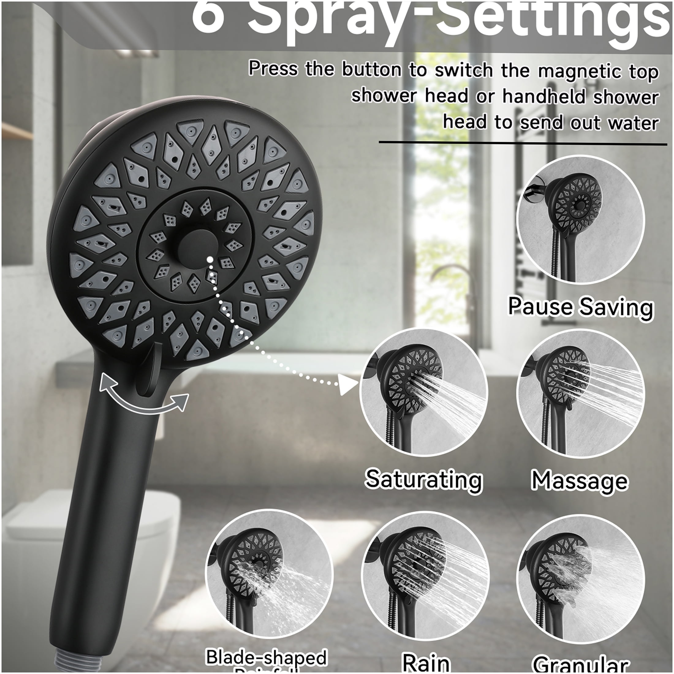 JERFIT Magnetic Handheld Shower Head with 6 Spray Modes and 60 in Stainless Steel Hose (Matte Black, 4.8 in Face) 8hur0