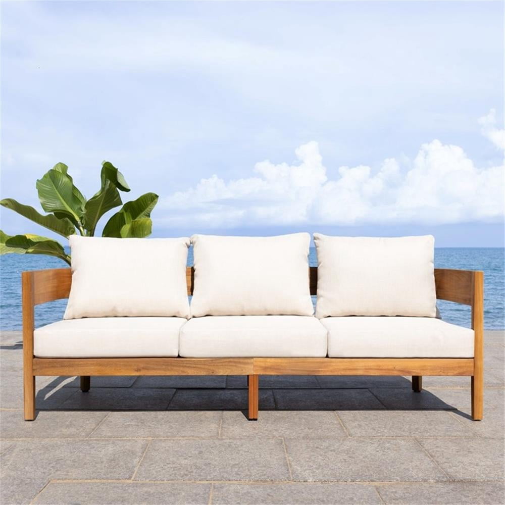 Pemberly Row Outdoor Teak Wood Sofa with Polyester Cushions (Natural/Taupe, 72 in) sf89j