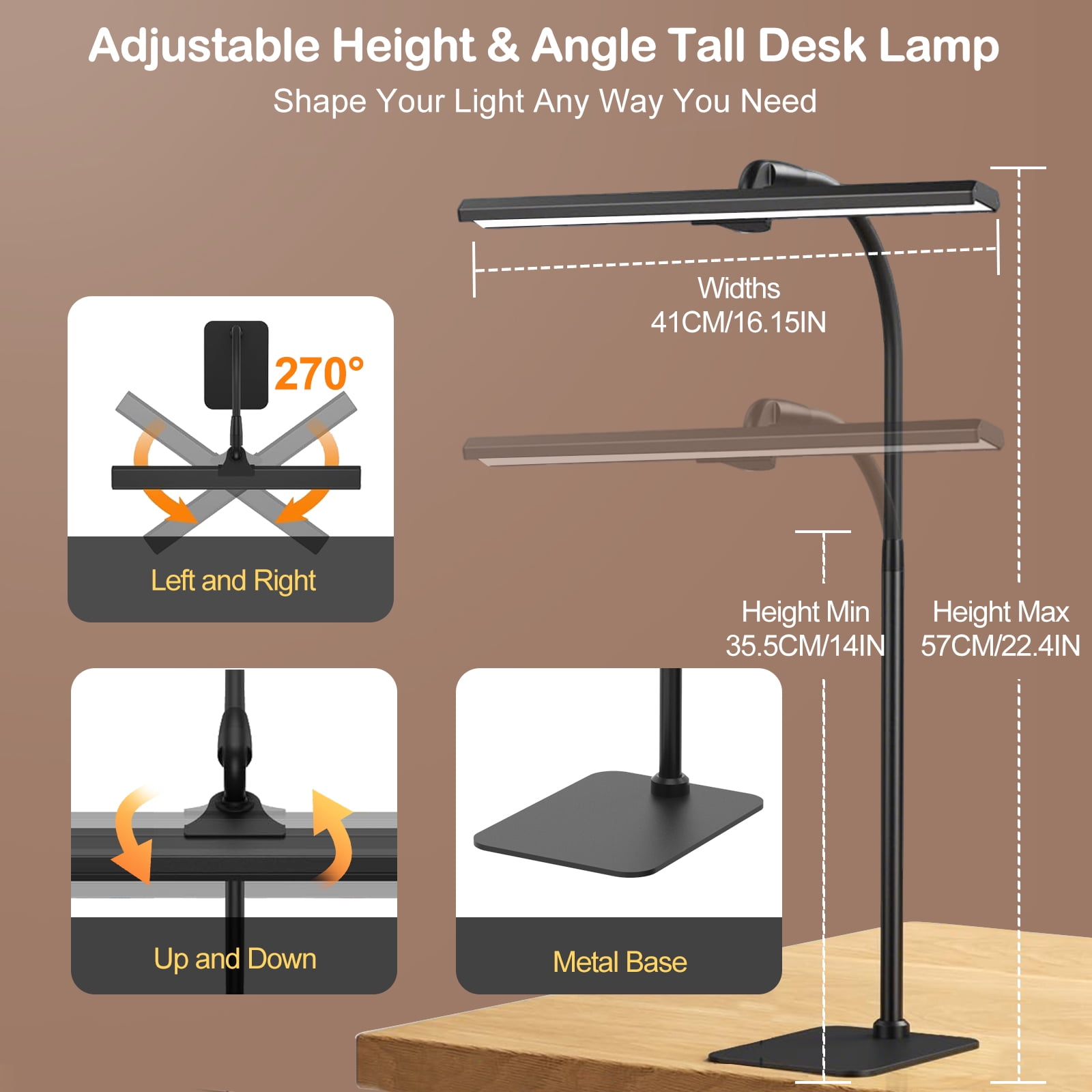 Lococo LED Desk Lamp, Tall Gooseneck, 5-Level Dimmable Brightness & Color for Home Office (14-24.4 in) 46lk1
