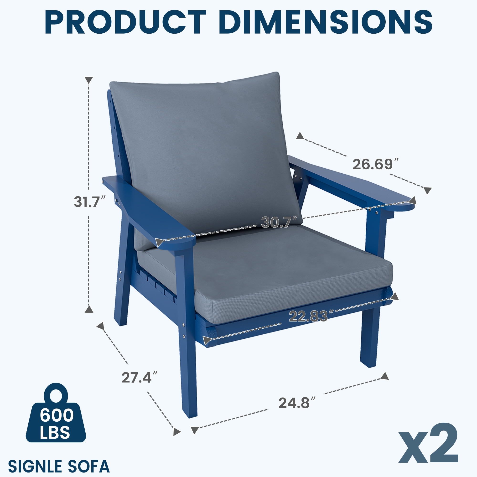 FOOWIN 4-Piece HDPE Outdoor Patio Furniture Set, Weather-Resistant Conversation Sofa Set with Cushions (Navy Frame, Grey Cushion, 4-Person Seating) nfqpc
