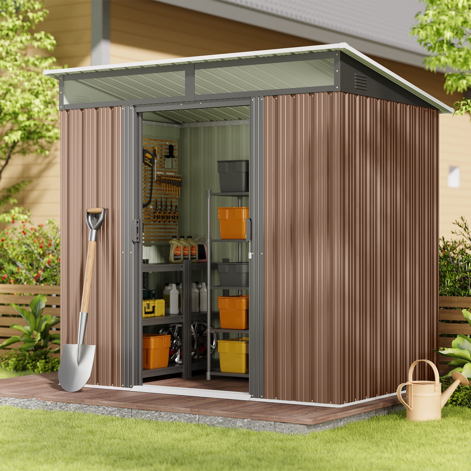 Asofer Lockable Metal Tool Shed, Outdoor Storage Cabinet with Double Doors and Light Window (Brown, 76.8 in x 42.9 in x 77.2 in) h7x2o
