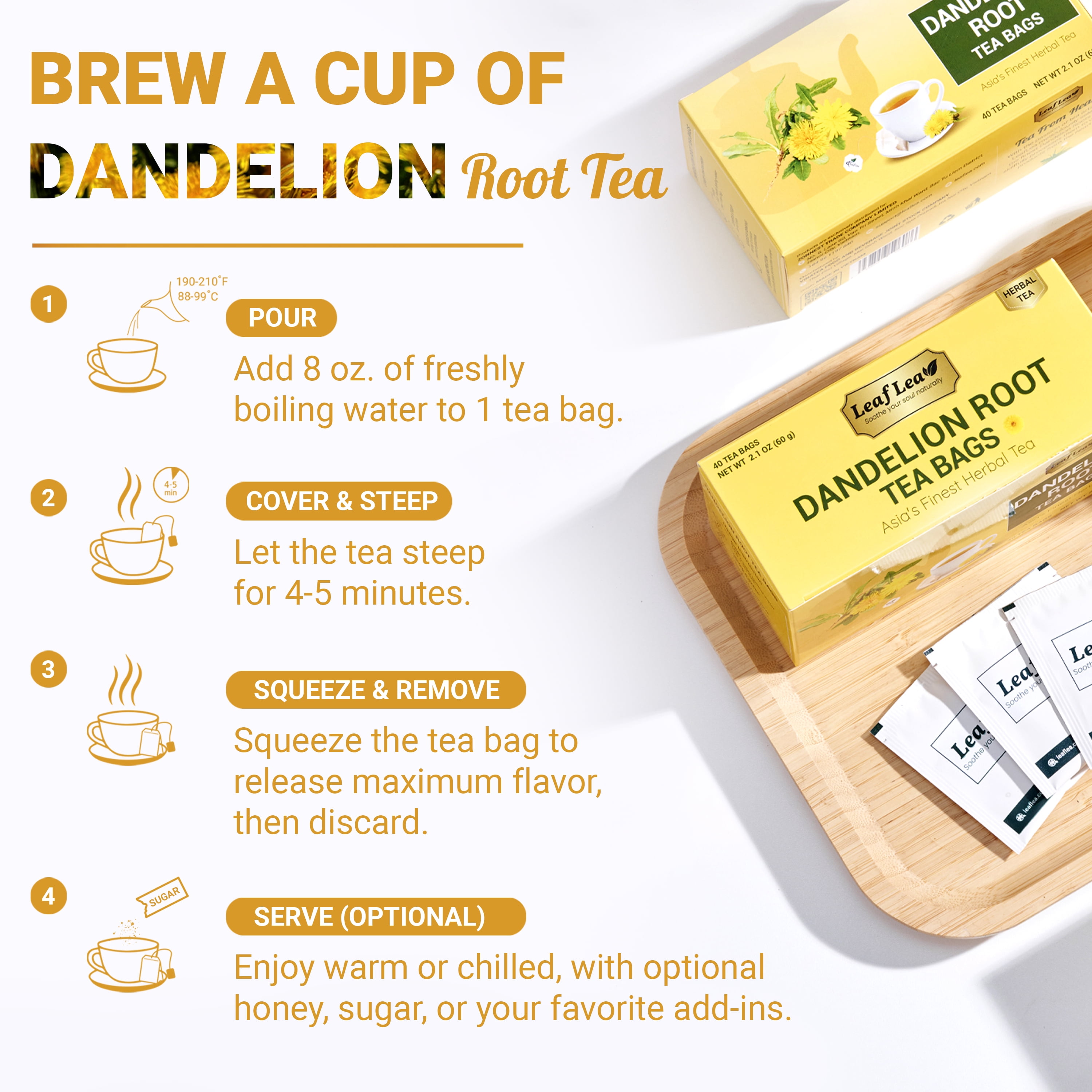 LeafLea Dandelion Root Herbal Tea Bags, Caffeine-Free Natural Tea Blend (240 Count, 6 Packs) l146r