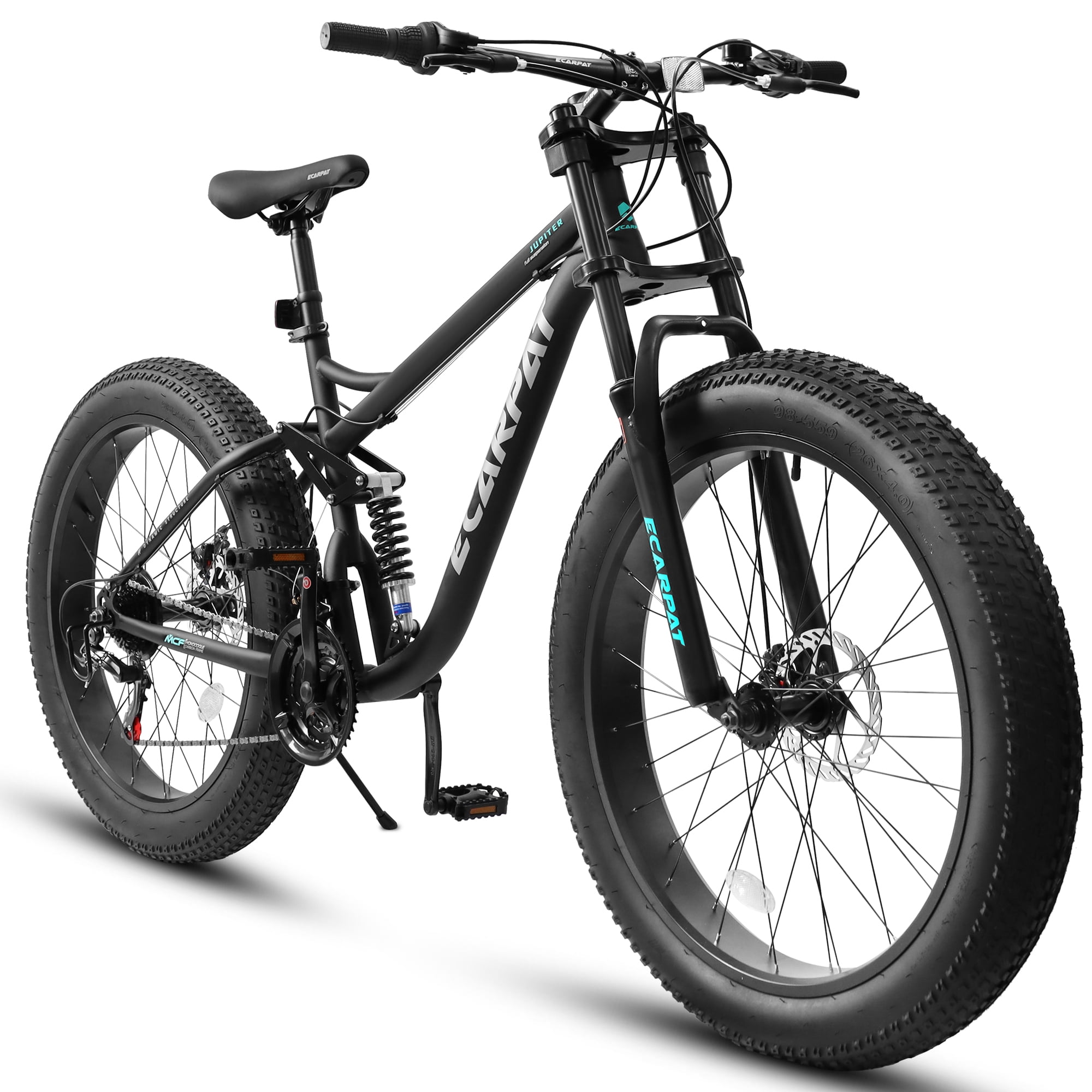 Ambifirner 26 in Fat Tire Mountain Bike, Full Suspension All-Terrain Bicycle with Shimano 21-Speed Drivetrain (Black, 26 in) 8g0rq