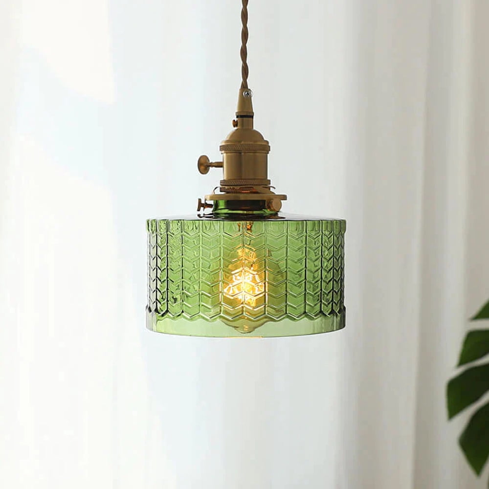 Arturesthome Vintage Glass Pendant Light, Wavy Cylinder Hanging Lamp for Kitchen Island (Green, 8 in) 4xqx1
