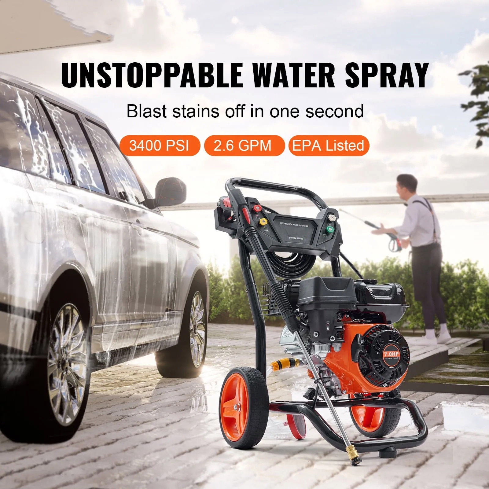 SHENGJINSH 3400 PSI Gas Pressure Washer, 2.6 GPM Power Cleaner with 26 ft Hose and 5 Quick-Connect Nozzles tolrv