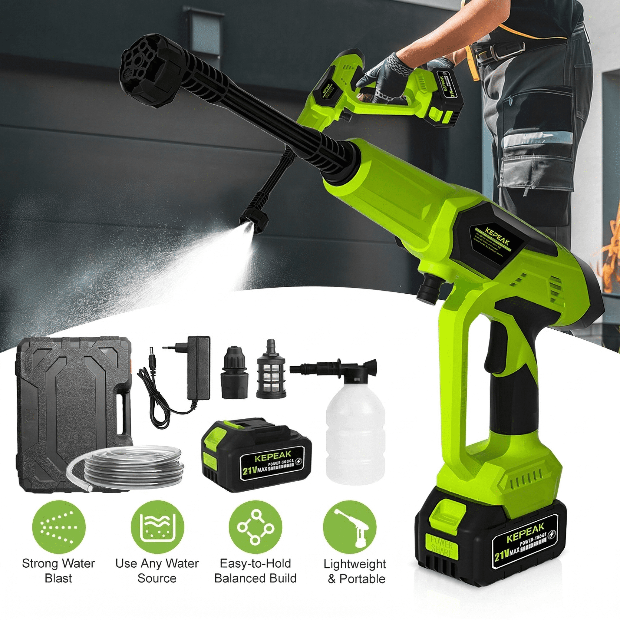 Welan 1450PSI Cordless Pressure Washer, Portable Electric Power Cleaner with 6-in-1 Nozzle and 2 Batteries (Black, 2.18 lb) ul0h1
