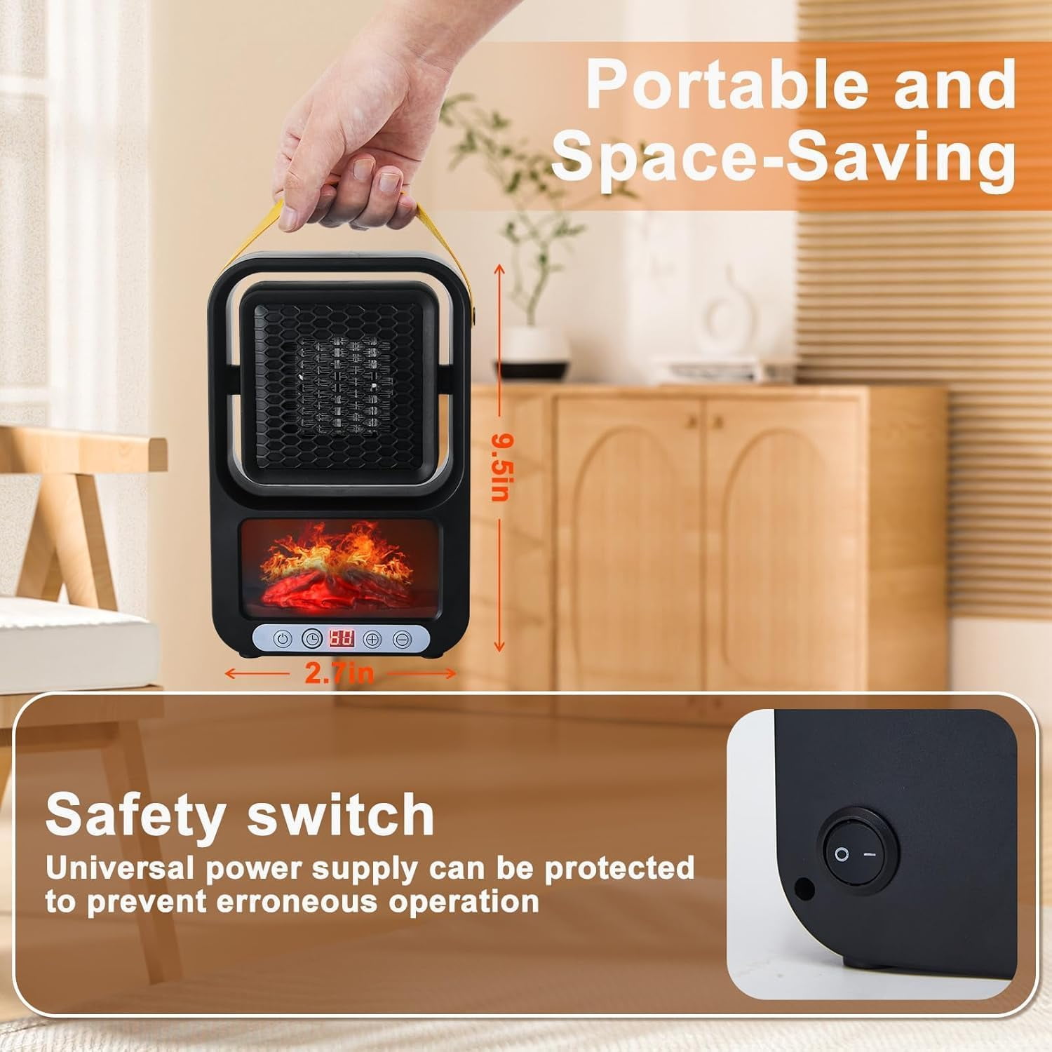 Facvoer Portable Electric Space Heater, Desktop Fireplace with 3D LED Flame and Thermostat (Black, 800W) 6b34z