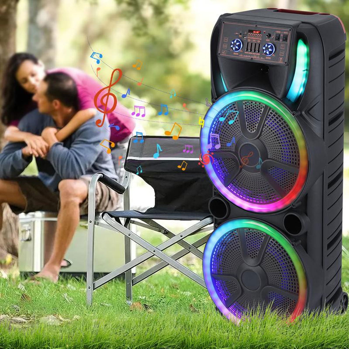 Lohoms Dual 15 in Karaoke Speaker System with 2 Wireless Microphones, Portable Bluetooth Party Box with LED Lighting (Black, 15 in) 3blbz