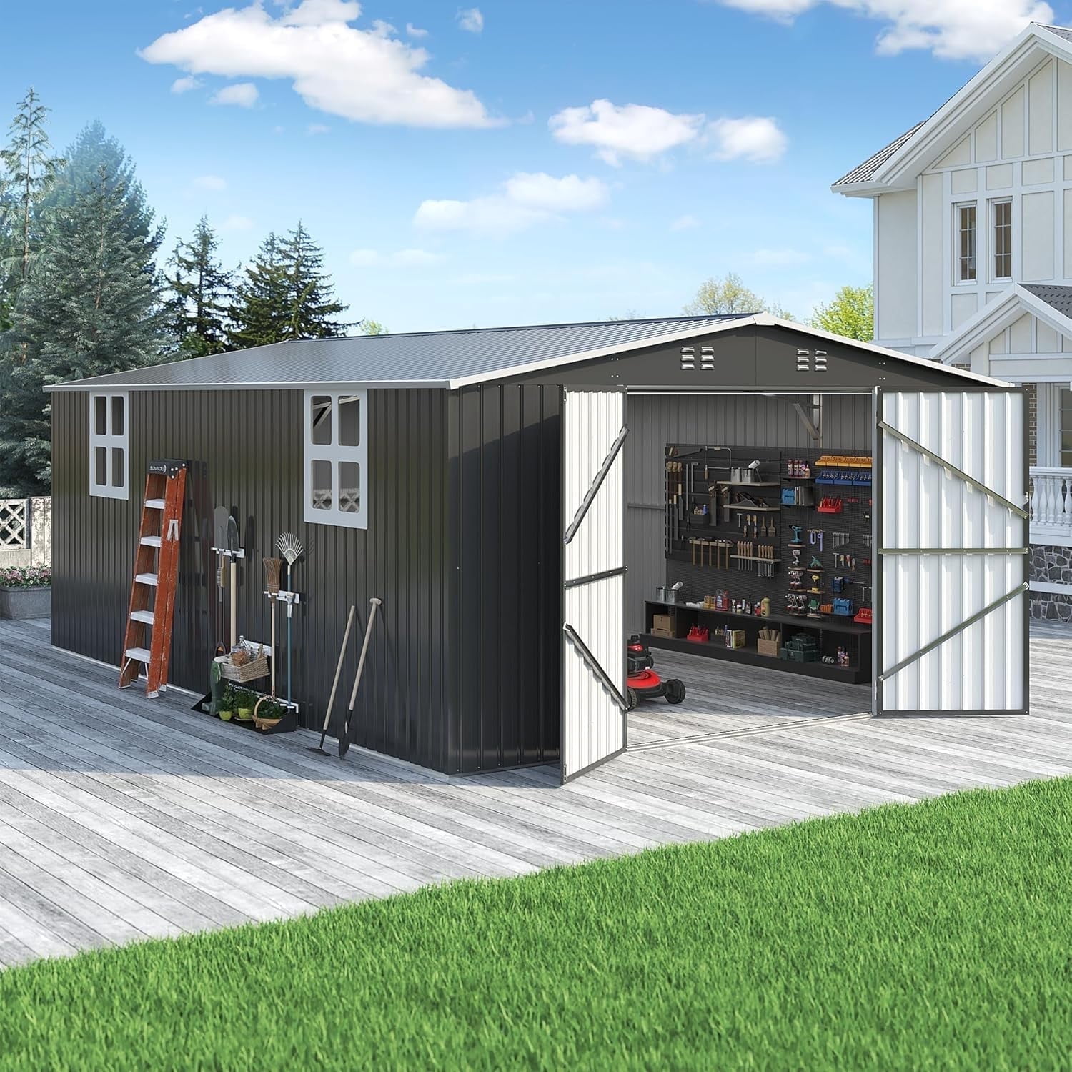 NETAJE Outdoor Metal Storage Garden Shed, Heavy-Duty Backyard Tool Organizer with Lockable Doors and Windows (Black, 12 ft x 18 ft) hcax7