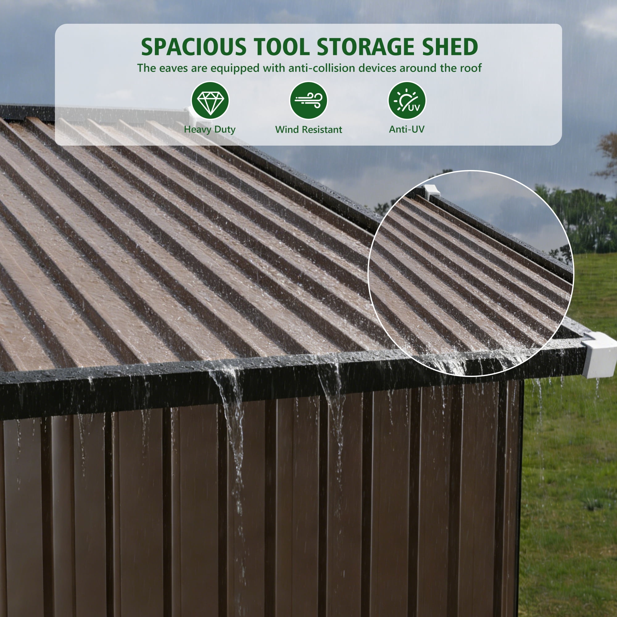 Licheers Outdoor Metal Tool Storage Shed with LED Light and Air Vents (Brown, 8 ft. W x 6 ft. D) 5yoq4