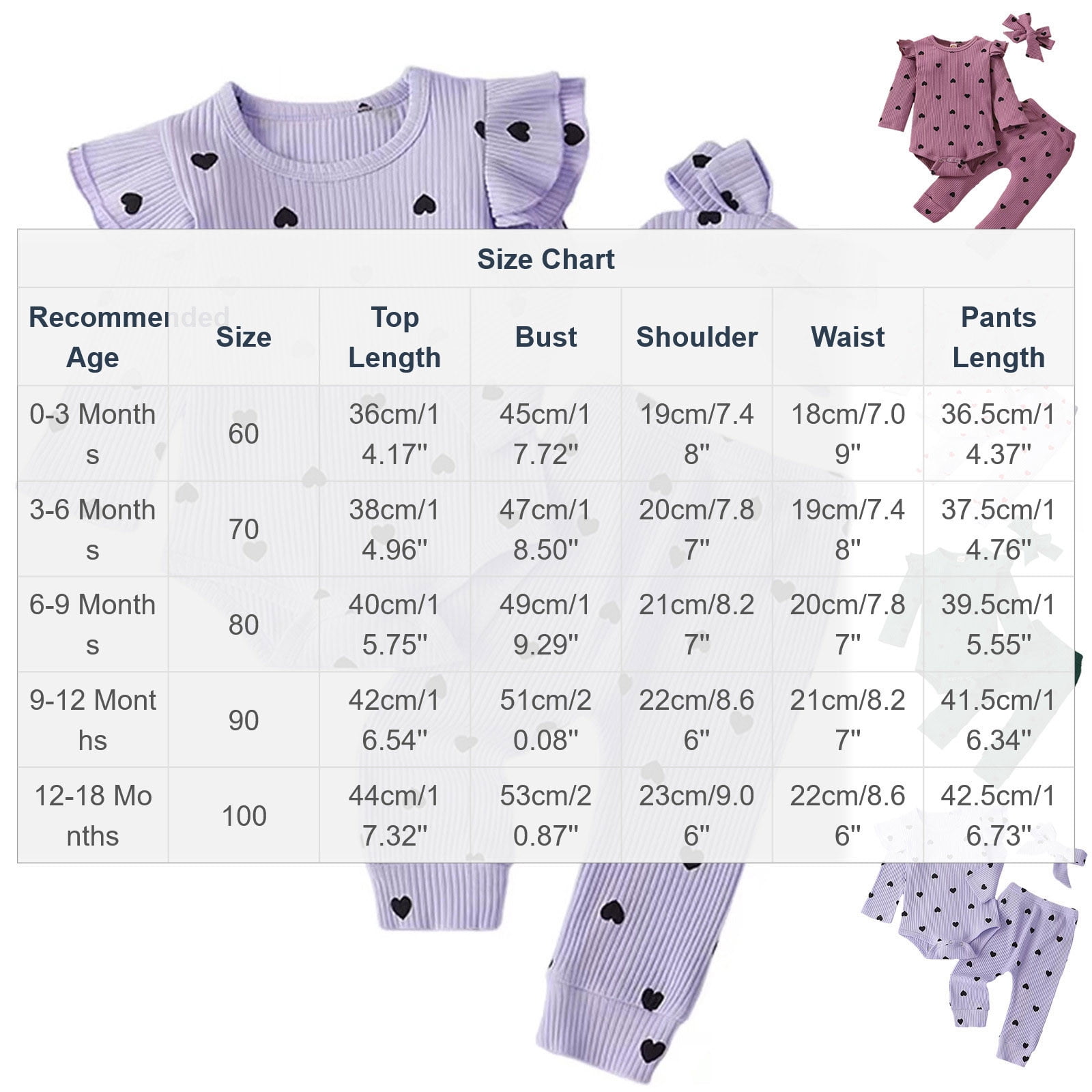 Fesfesfes Baby Girls Ribbed Long Sleeve Romper Set Heart Print 3-Piece Outfit (0-18 Months) dttrf