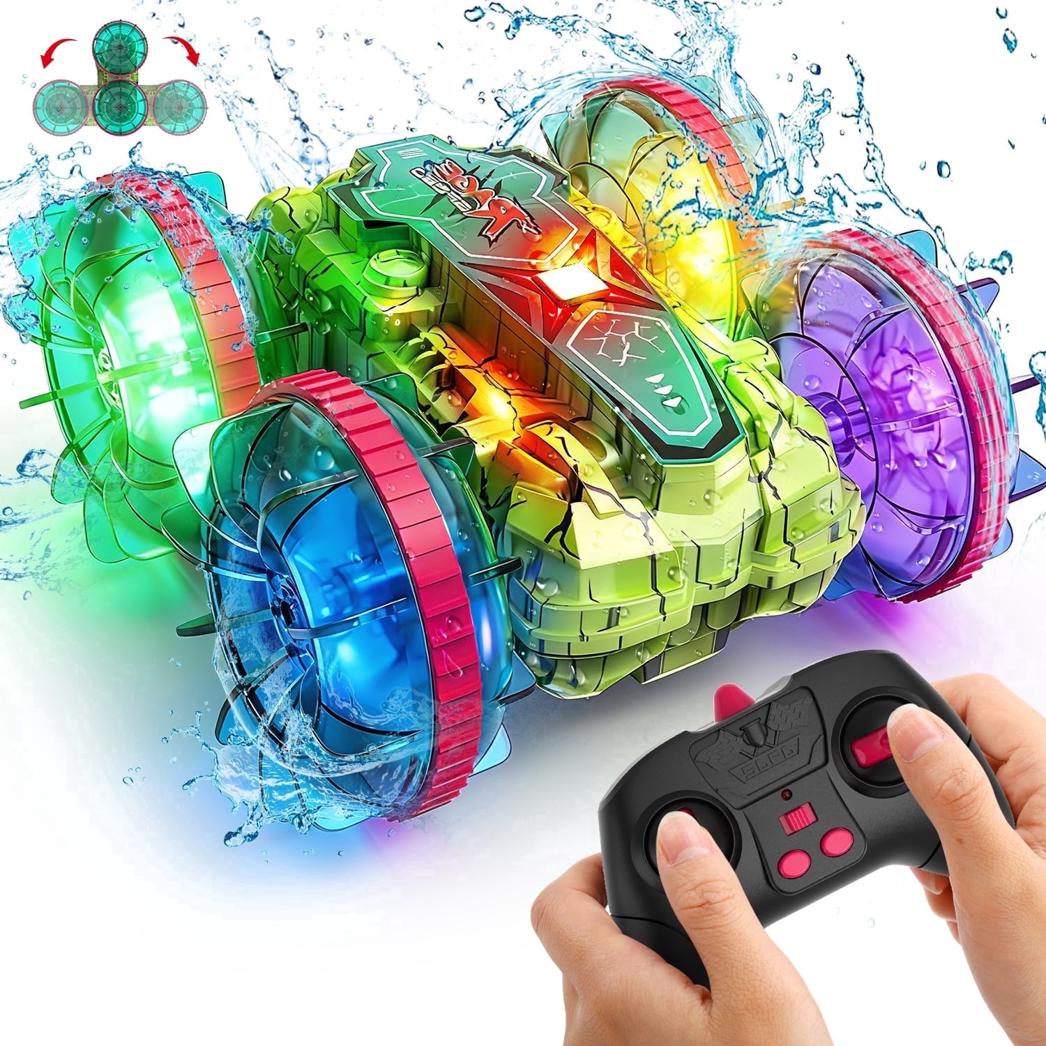 JoyStone Amphibious RC Stunt Car, 4WD Waterproof All-Terrain Remote Control Truck with LED Wheels (Green, 1 Pack) u928h