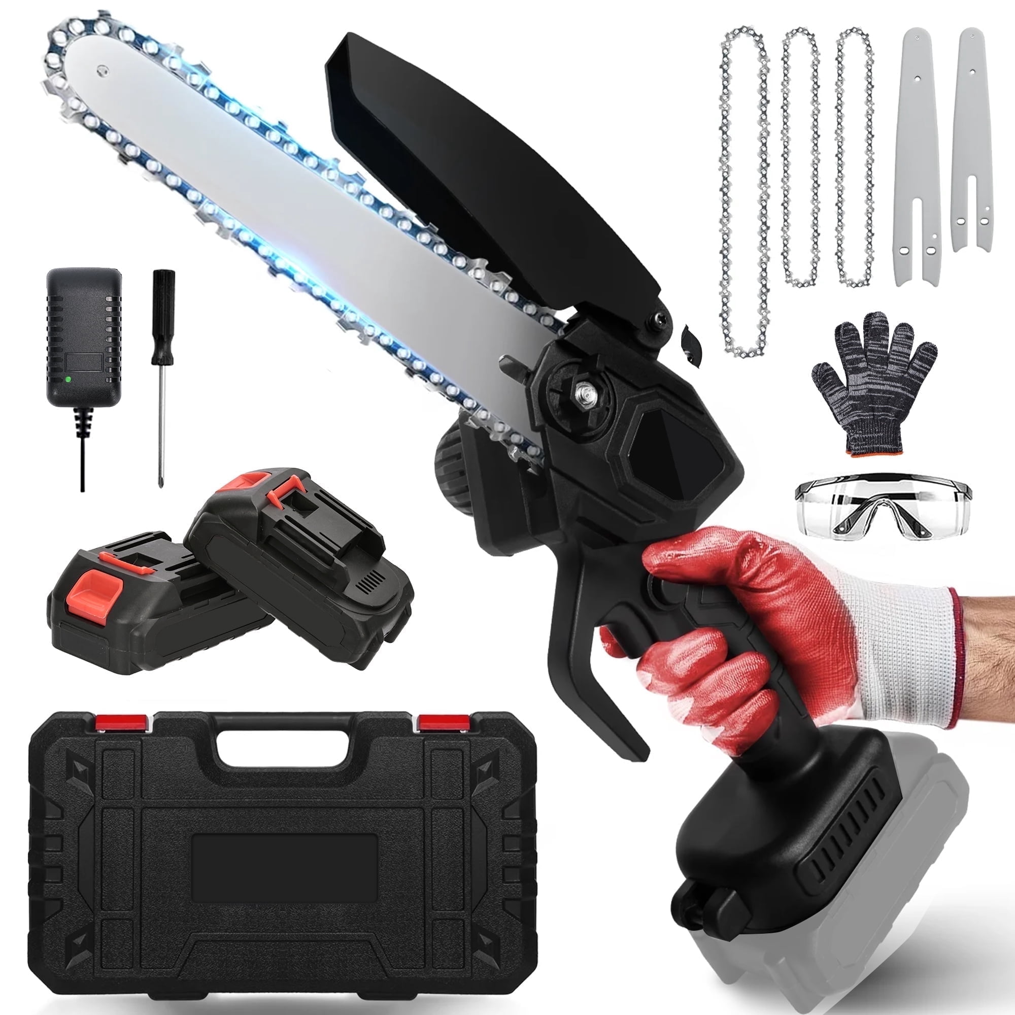 HDJ Cordless Mini Chainsaw, Portable Electric Wood Cutter with 6 inch and 8 inch Guide Bars (Black, 2-Pack Battery Set) l82ja