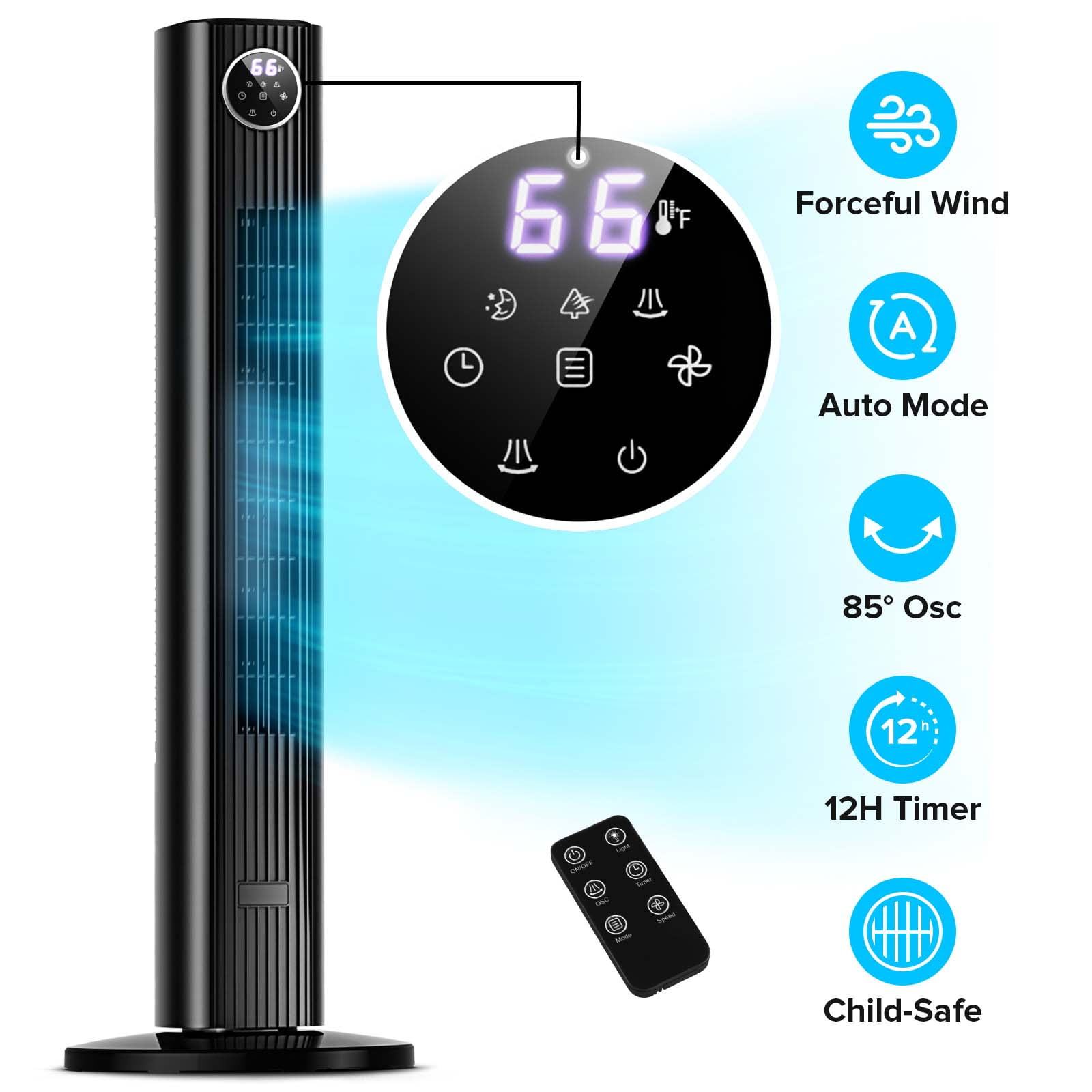 KissAir 35 in Bladeless Tower Fan, Quiet Oscillating Cooling Fan with Remote Control (Black, 35 in) 4tgp6