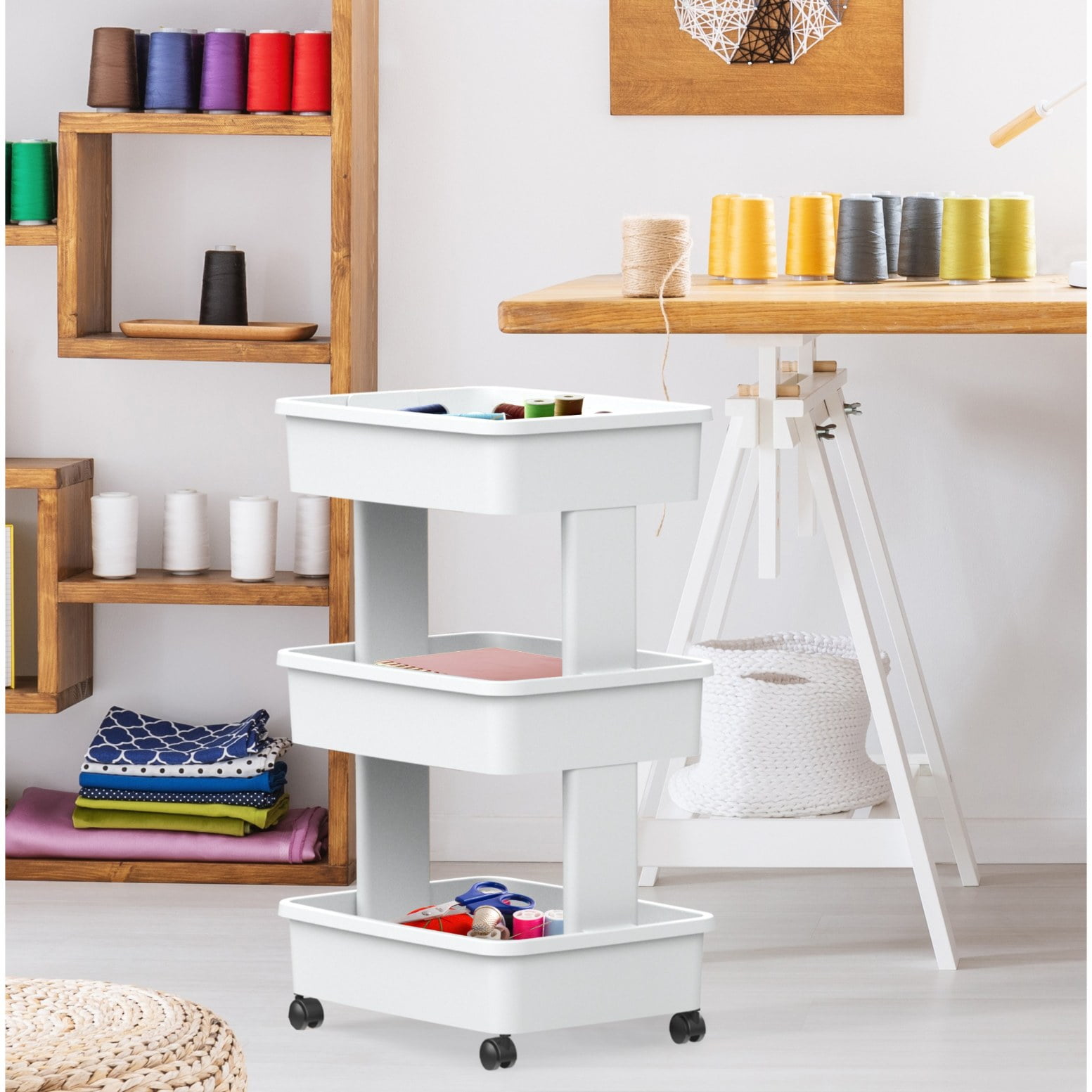 Mainstays 3-Tier Rolling Storage Cart, Multi-Purpose Organizer for Laundry and Home (Arctic White, 17.3 in x 12.5 in x 27.2 in) 9jpbk