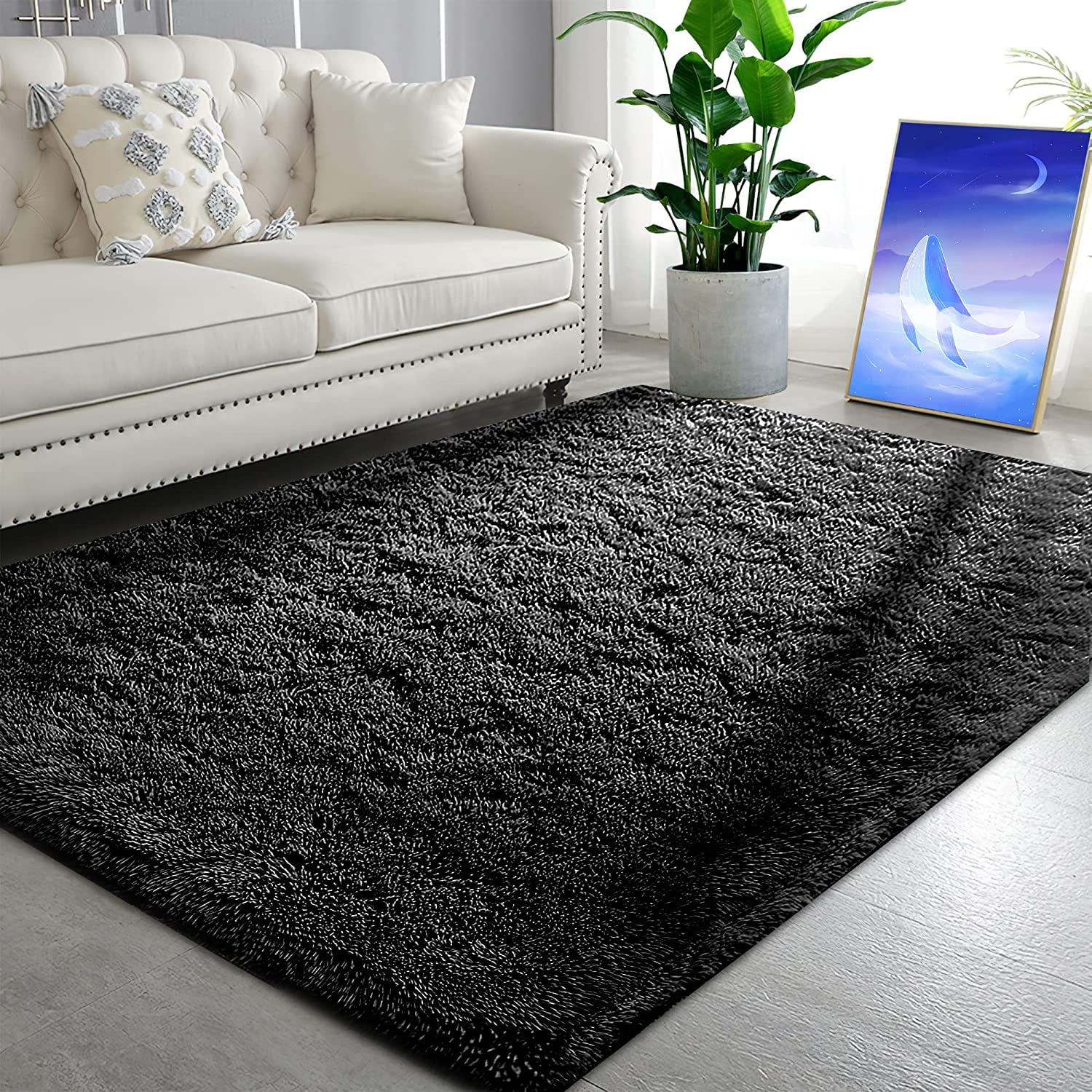 TWINNIS Shag Area Rug, Soft Fluffy Carpet for Living Room and Bedroom (Black, 5 ft x 8 ft) qdesq