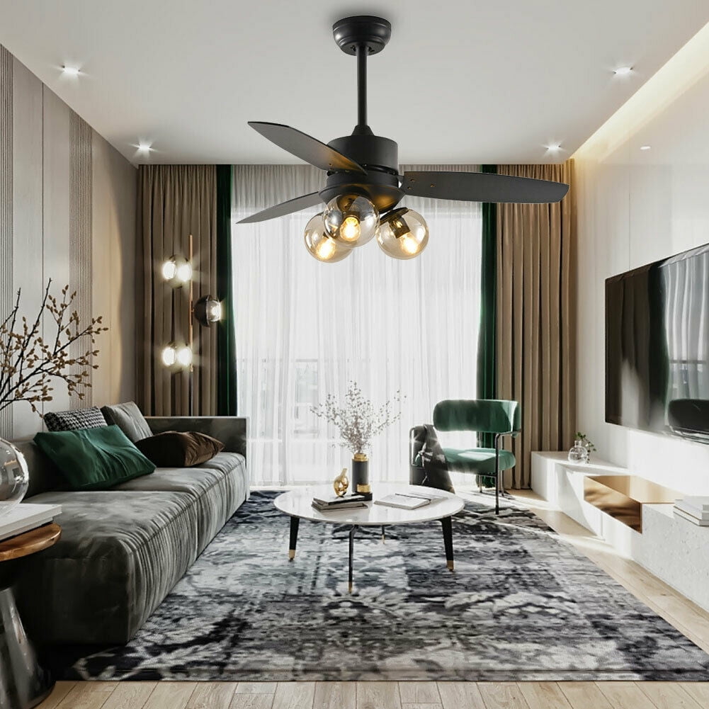 Oukaning LED Ceiling Fan Chandelier with Wooden Blades and Remote Control (Black, 42 in) 1blet