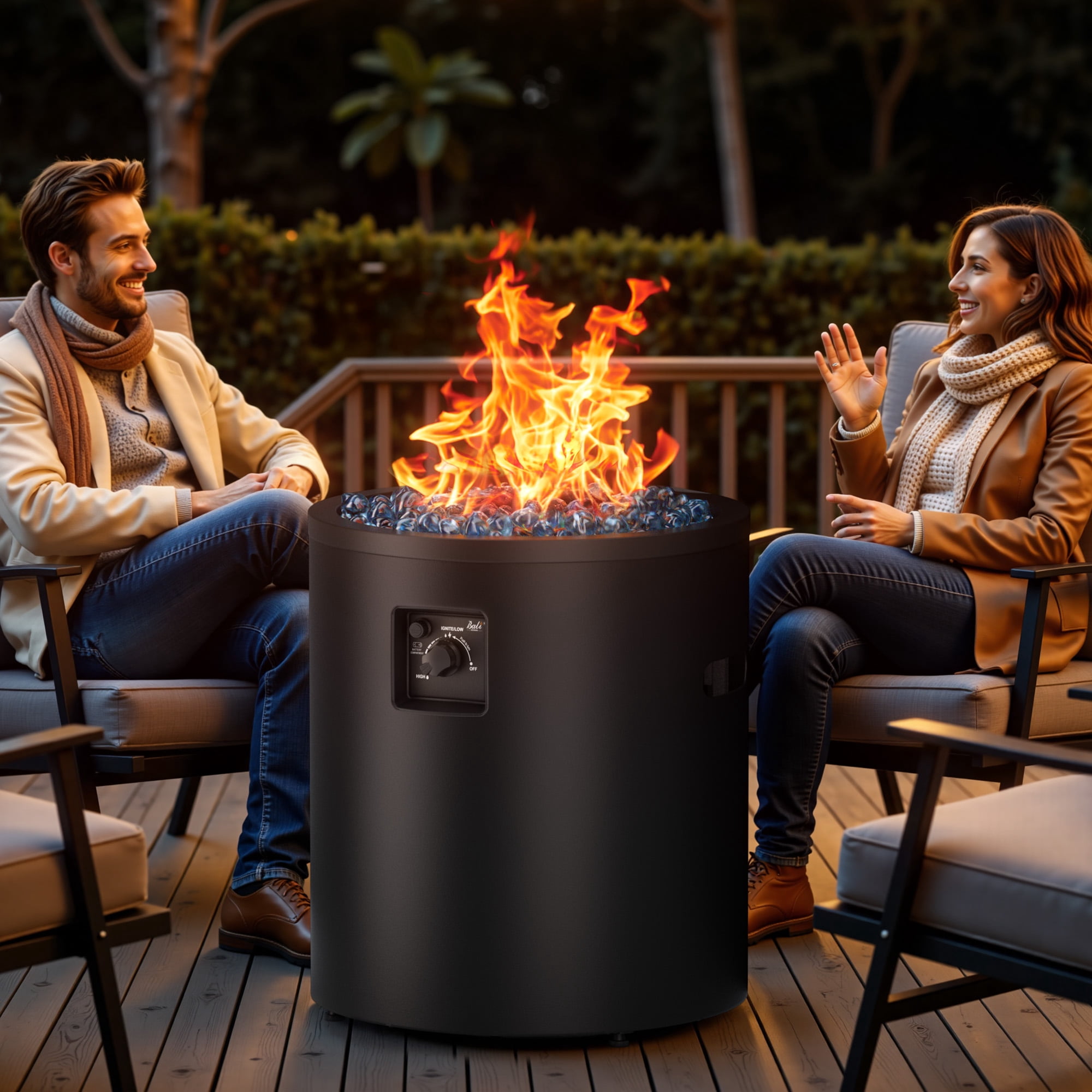 Bali Outdoors 23 in Gas Fire Pit Column, 50,000 BTU Round Propane Fire Pit Table with Glass Stones (Black) kws90