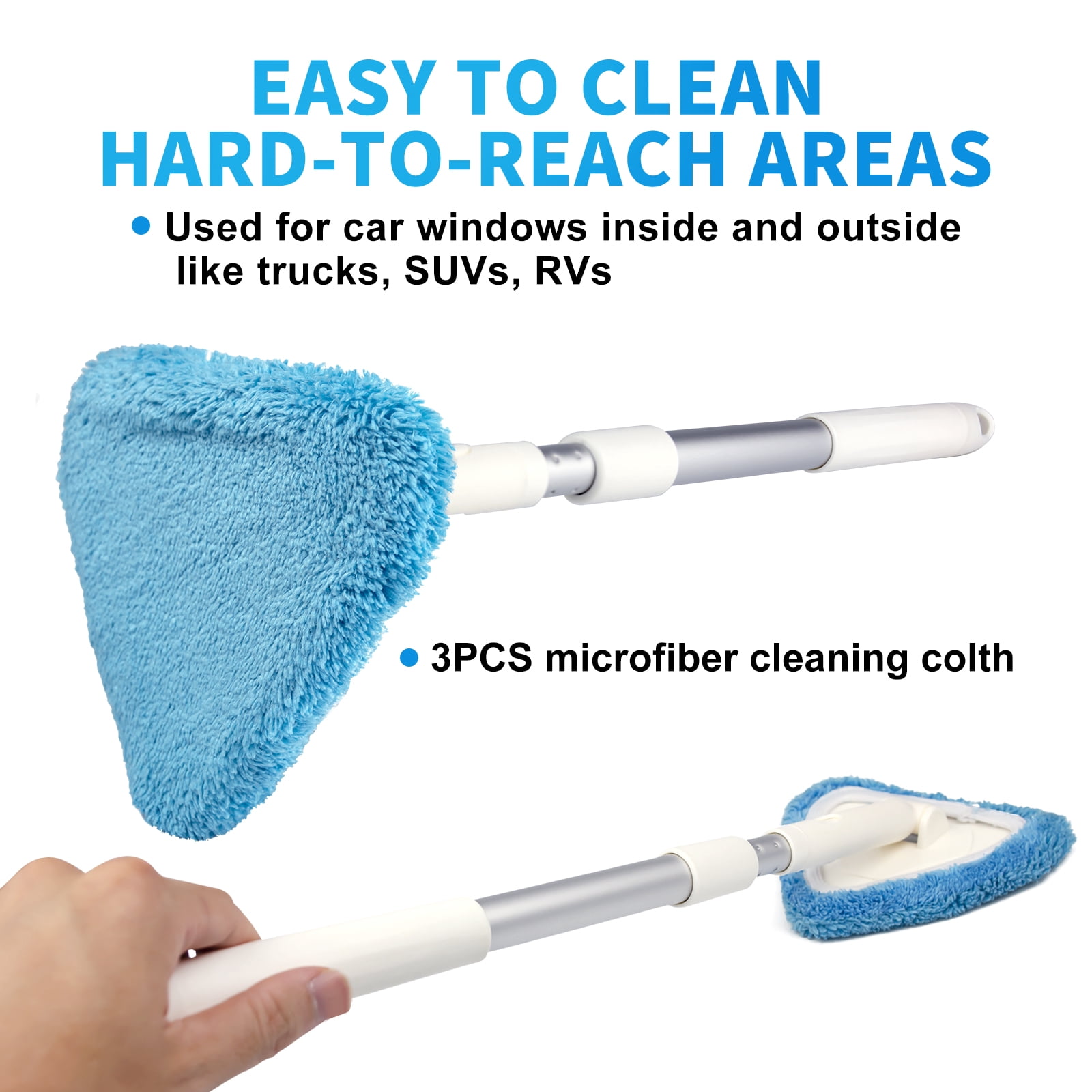 ITTAHO Car Windshield Cleaning Tool with Extendable Handle and 3 Washable Microfiber Pads (White, 19.6 in to 26 in) jzzqe
