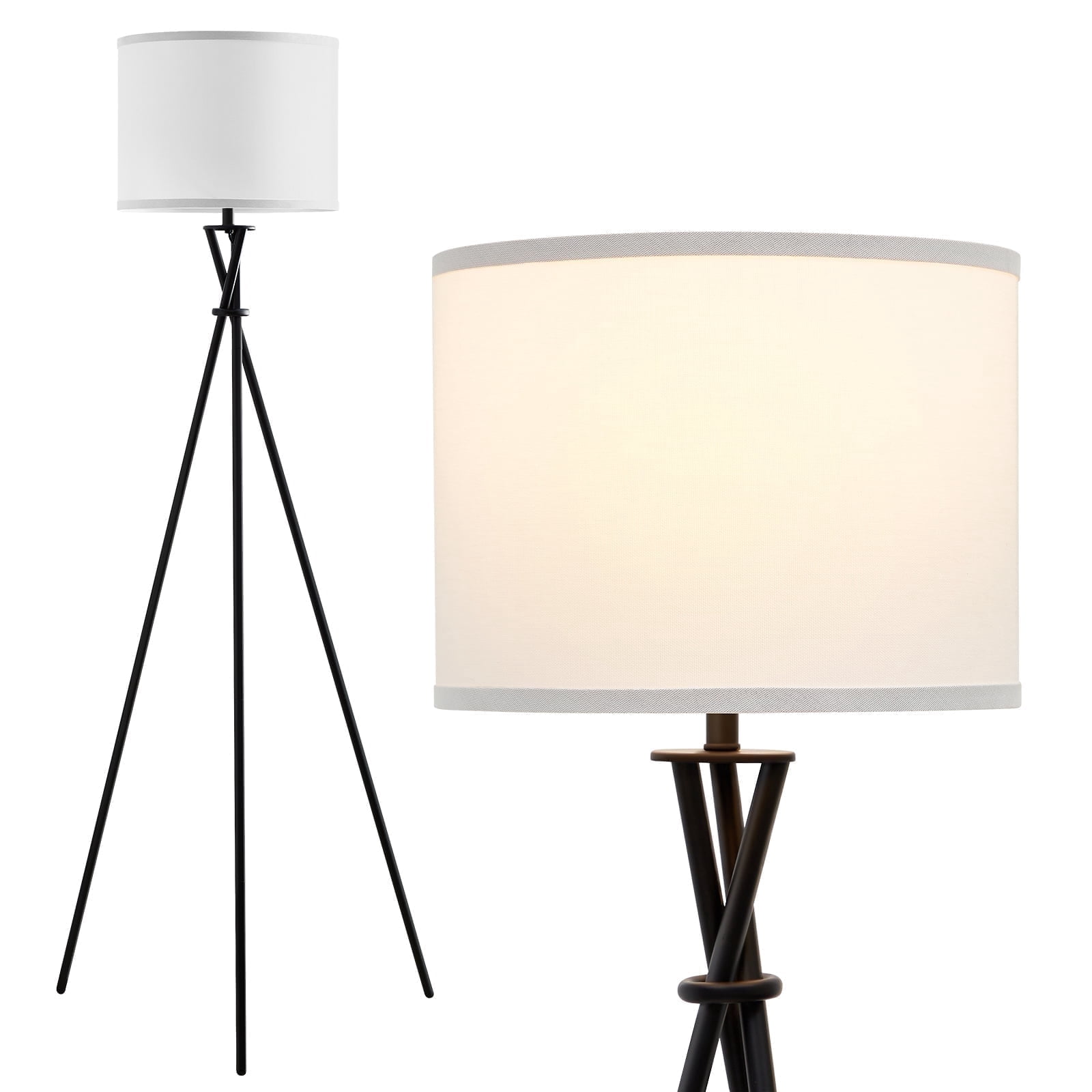 NATYSWAN Modern Tripod Floor Lamp for Living Room, Tall Standing Lamp with White Fabric Shade (Black, 61 in) 1e2dr