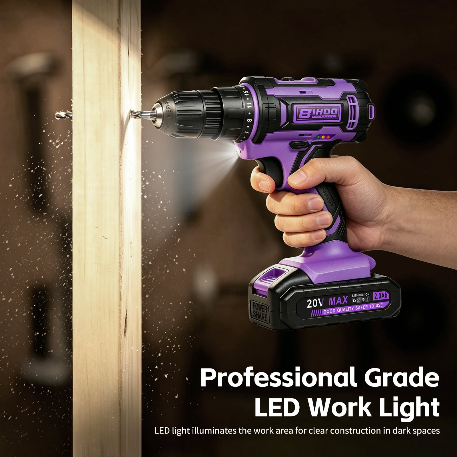 Loonpon 20V Cordless Power Drill Set with Battery and Charger (Purple, 3/8-Inch Chuck) yx8e0