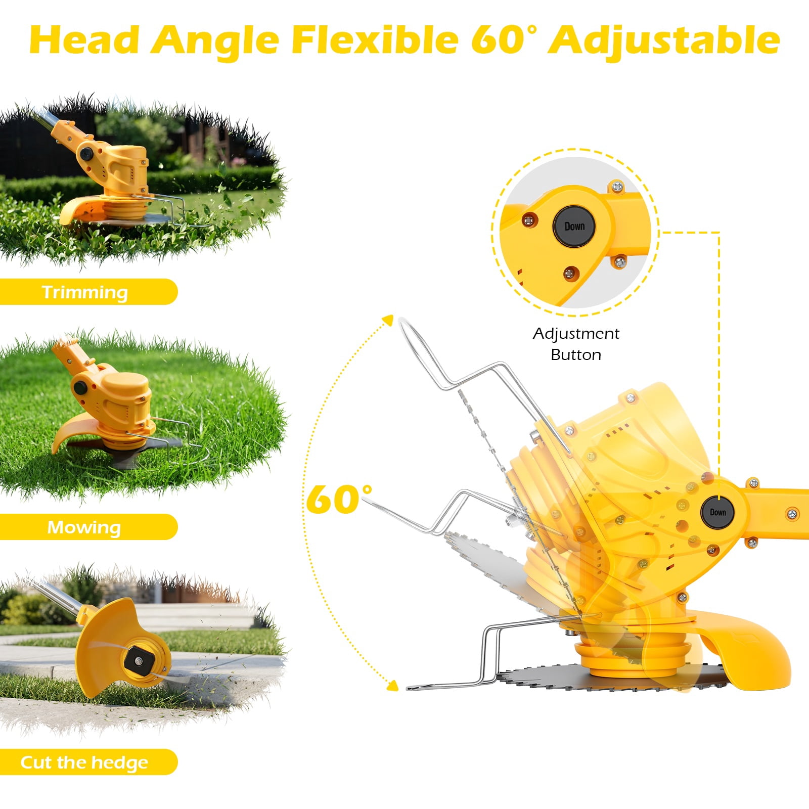 CATGOOD Cordless Electric Weed Trimmer with Wheels, 650W Grass Edger and Brush Cutter, Adjustable Shaft (Yellow, 2-Battery Pack) knlph