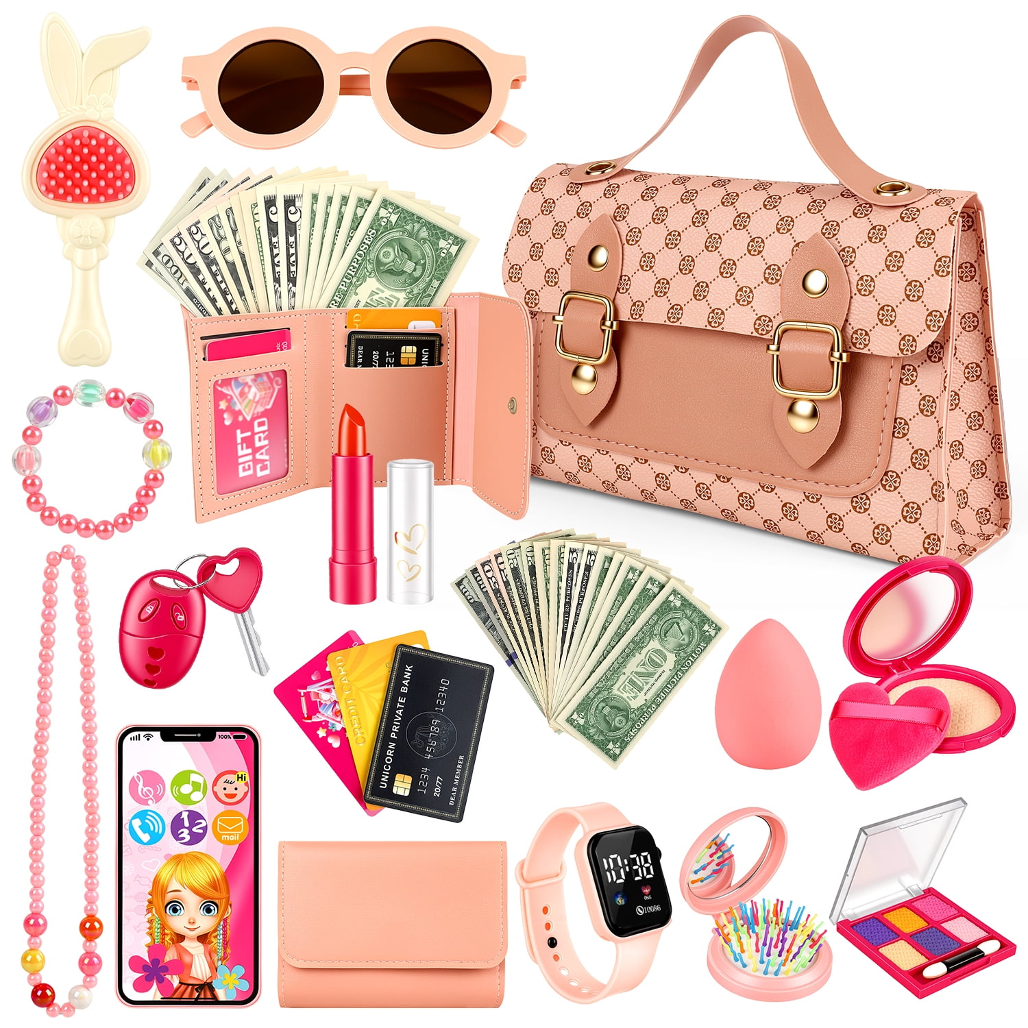 Flooyes Kids Makeup Toy Set Pretend Play Handbag with Necklace and Watch (Pink, 1 Set) api8t