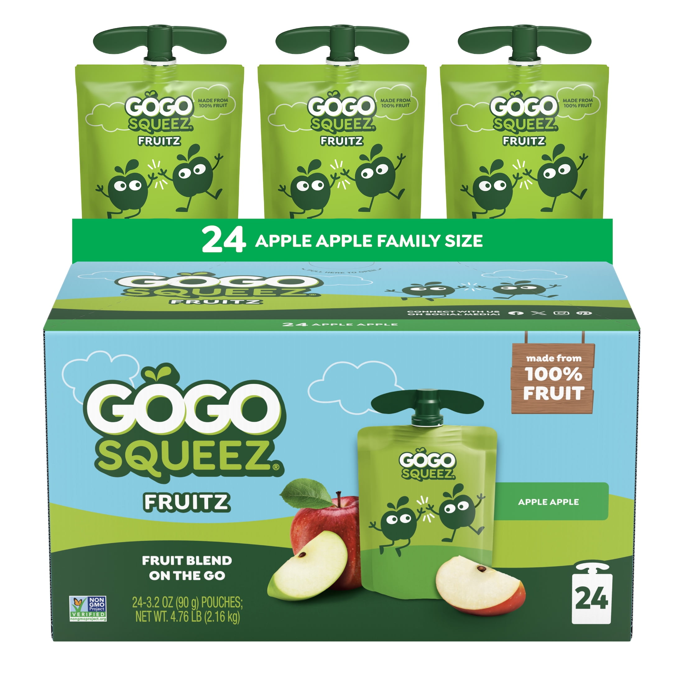 GoGo squeeZ Fruit Puree Applesauce Pouches, No Sugar Added, Apple Apple Flavor (3.2 oz, 24 Pack) m58y9