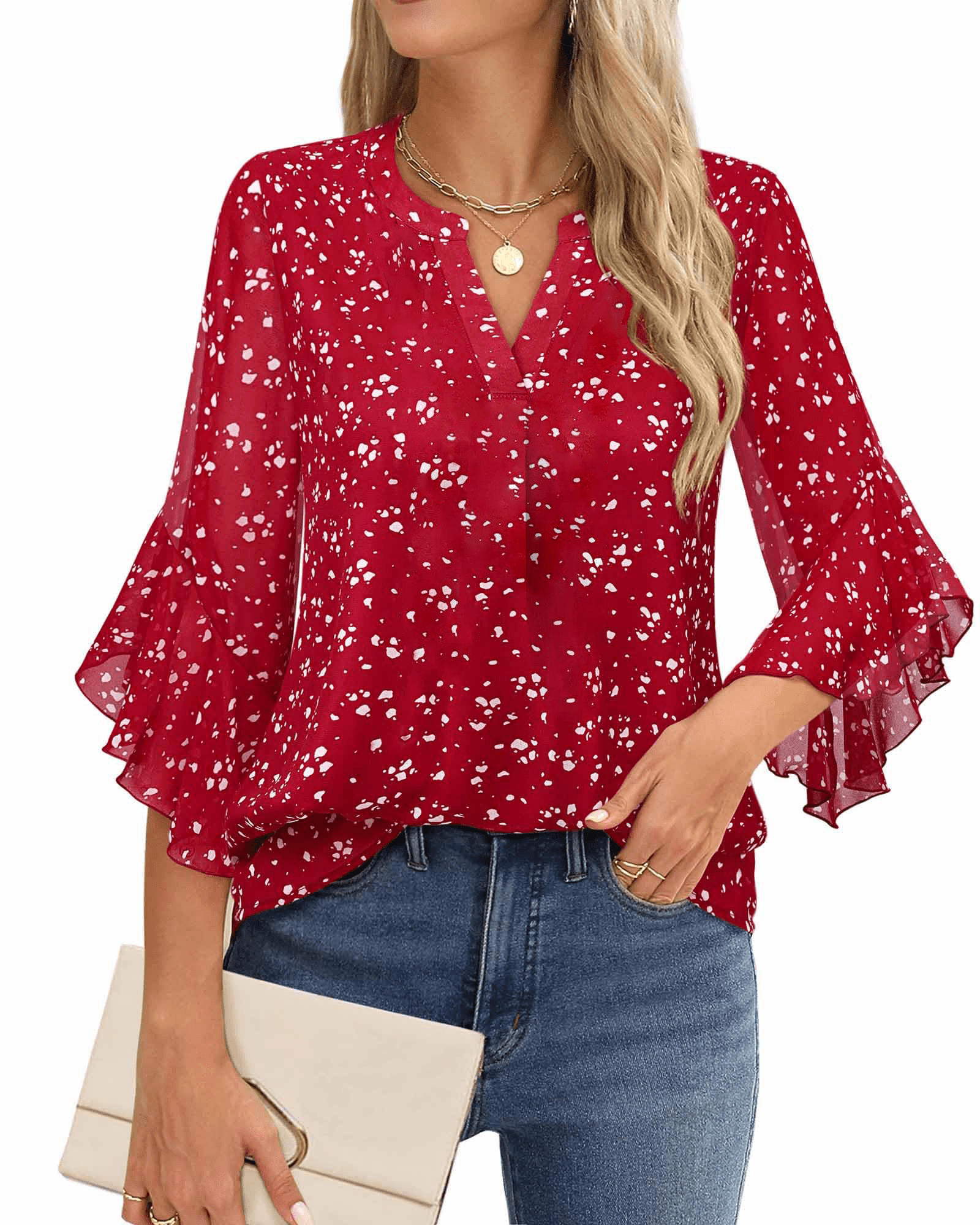 Fantaslook Womens V Neck Blouse 3/4 Ruffle Sleeve Dressy Casual Work Shirt (Red, L) 7ag4q