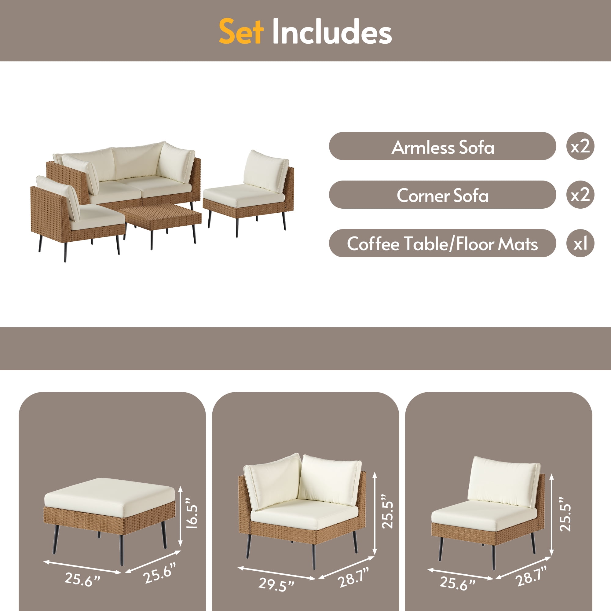 LAZZO 5-Piece Outdoor Wicker Conversation Set, All-Weather Sectional Sofa with 4 Chairs and 1 Ottoman (Beige, 5-Piece Set) snctr