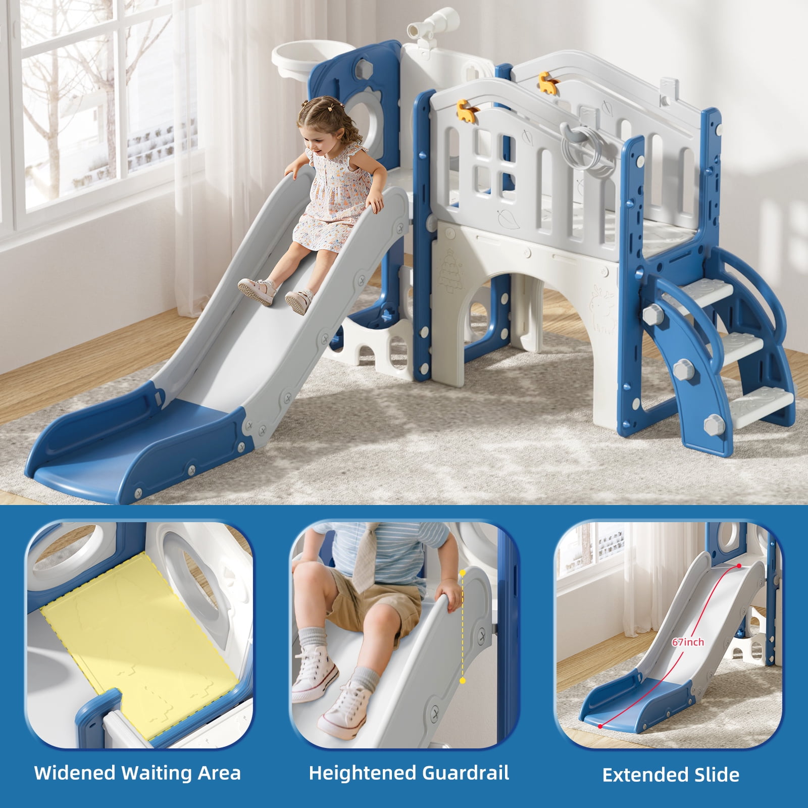 XJD 10-in-1 Toddler Slide and Activity Playset, Indoor and Outdoor Playground with Basketball Hoop and Climbing Zone (Blue and Gray) 125sk