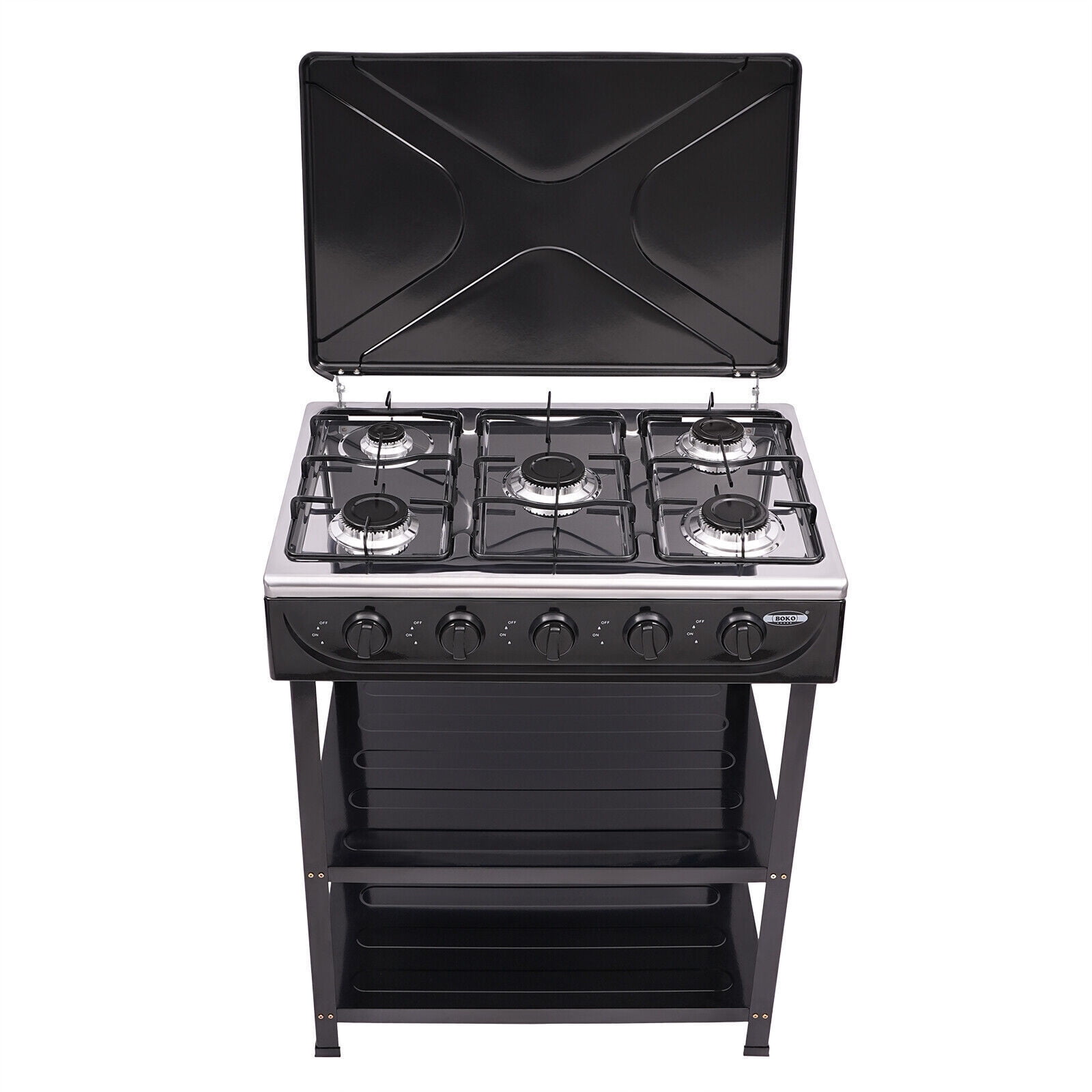 Generic 5-Burner Gas Stove Outdoor Camping BBQ Grill with 2-Tier Storage Rack (Black) g36xu