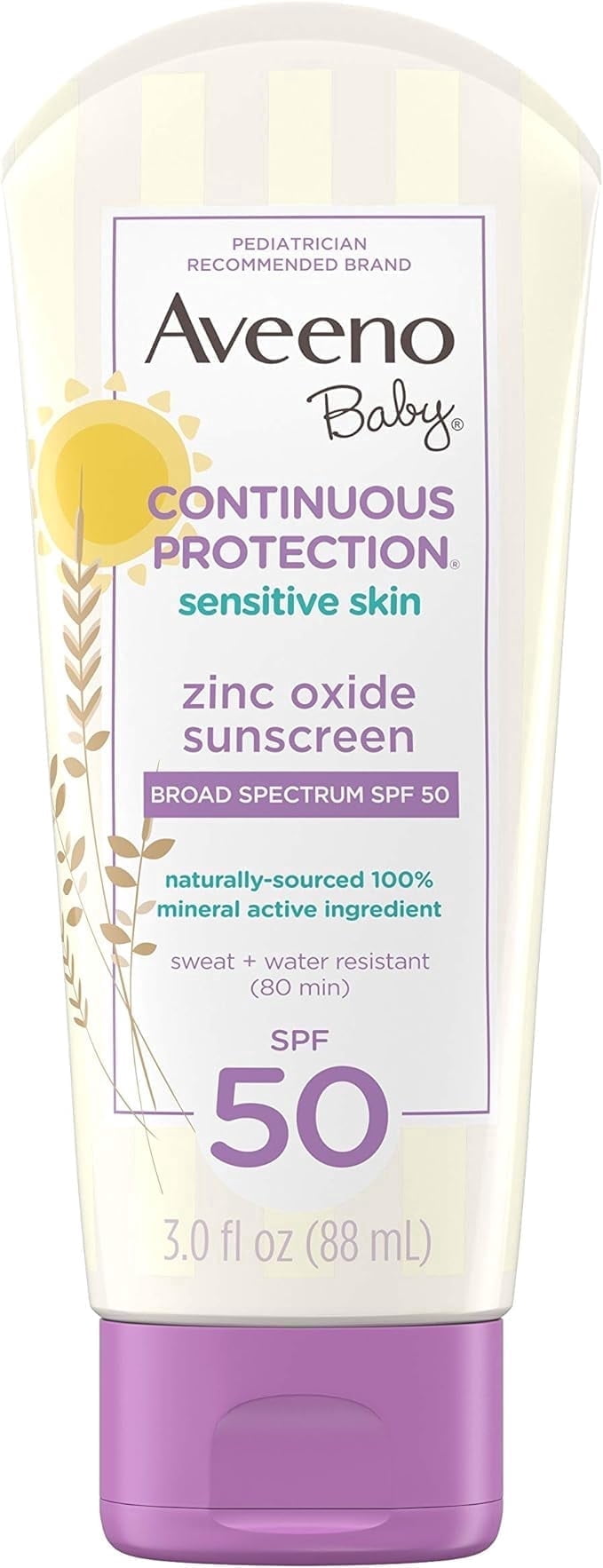 Aveeno Baby Continuous Protection Zinc Oxide Mineral Sunscreen Lotion, Broad Spectrum SPF 50 for Sensitive Skin (White, 3 fl oz) 79swm