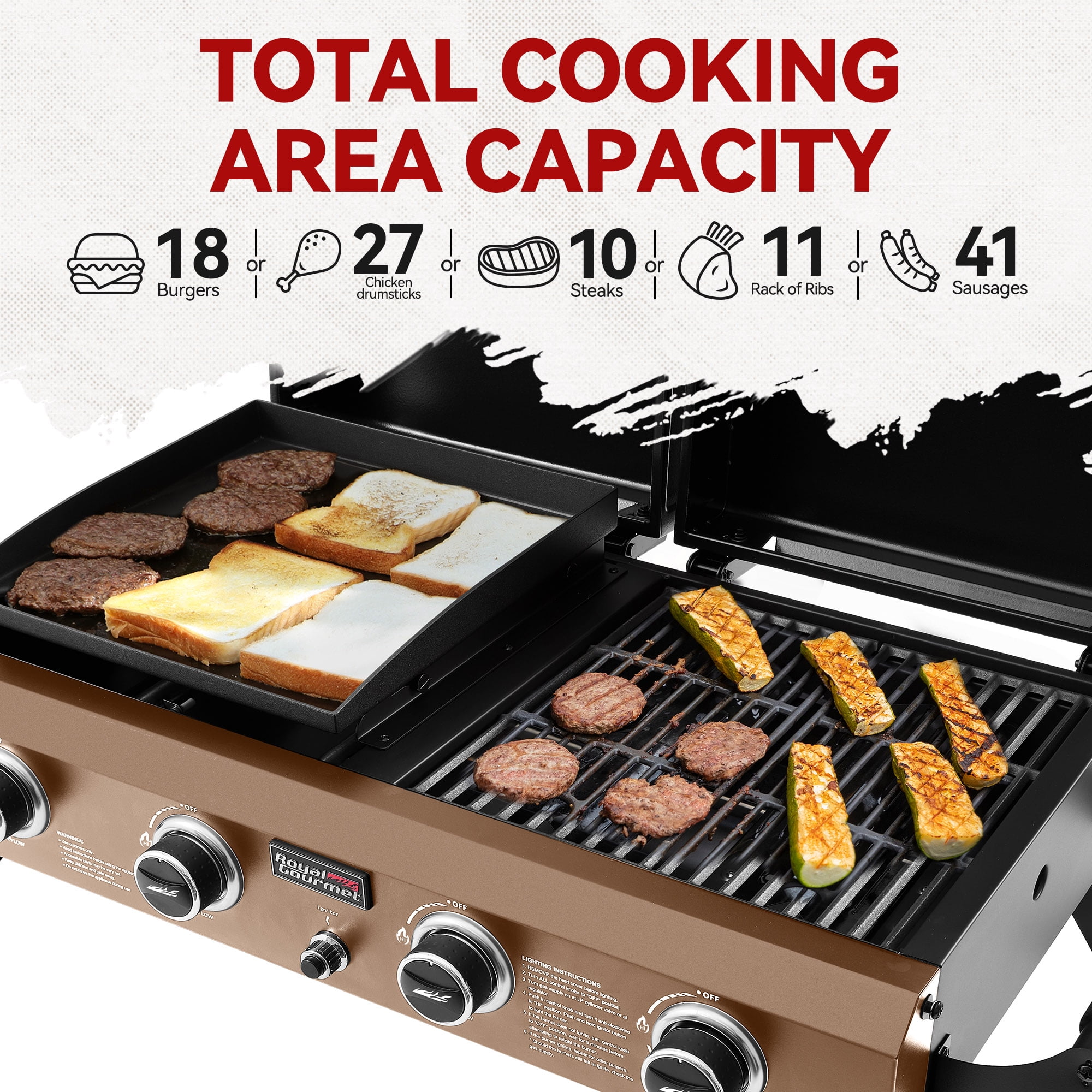 Royal Gourmet Portable Tabletop Grill & Griddle Combo with Hood, 40,000 BTU (Bronze Gold, 40.75 in x 20.28 in x 13.70 in) 0lg23